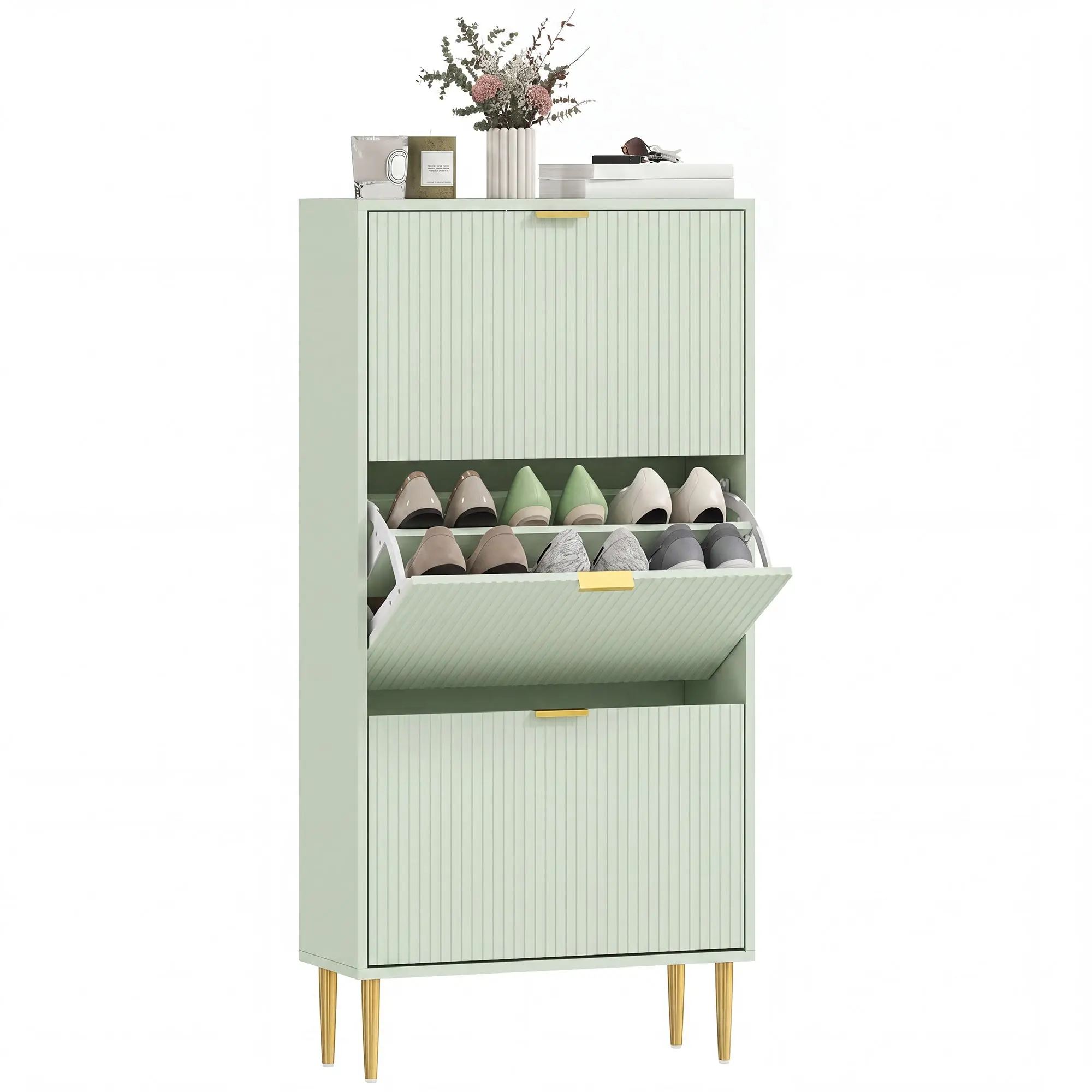 Slim Narrow Shoe Cabinet with 3 Flip Drawers, Adjustable Shelves, Light Green