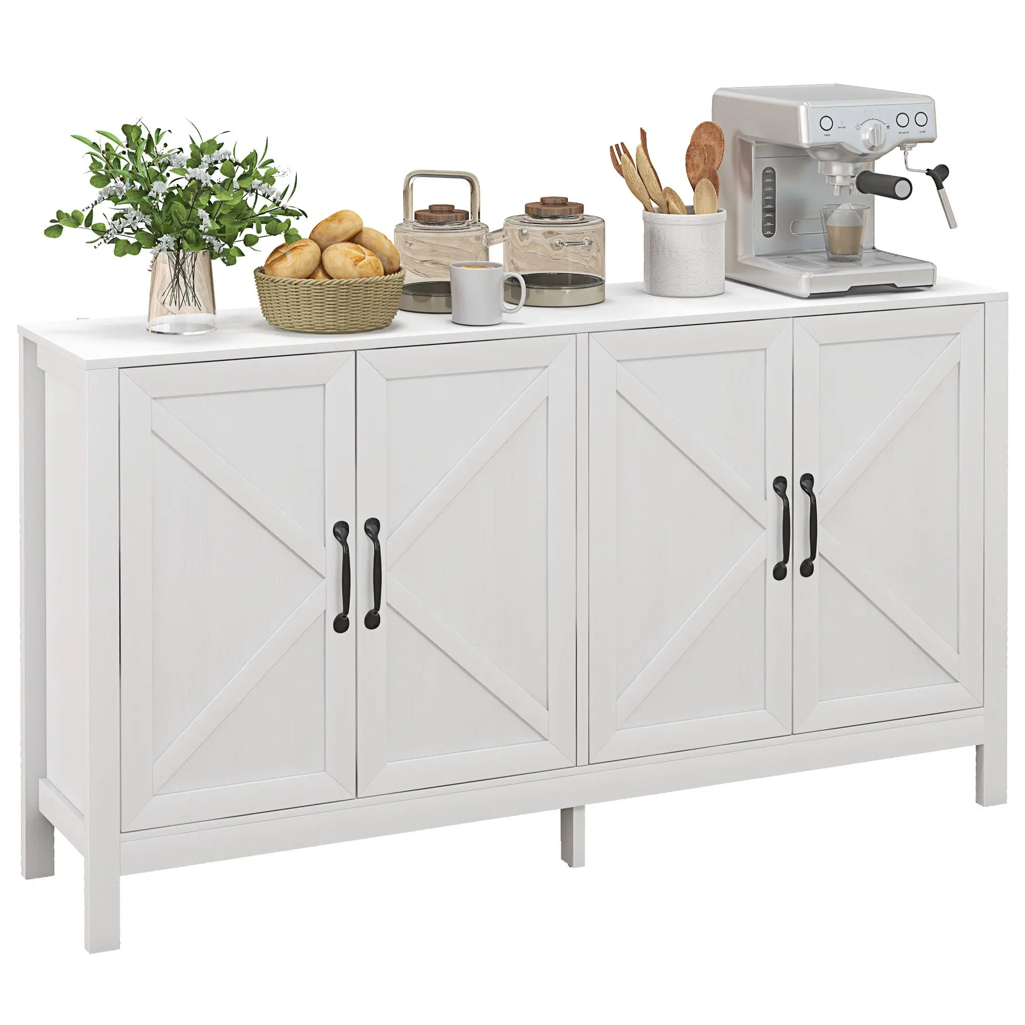 Kitchen Storage Sideboard with 4 Barn Doors & Adjustable Shelves, White