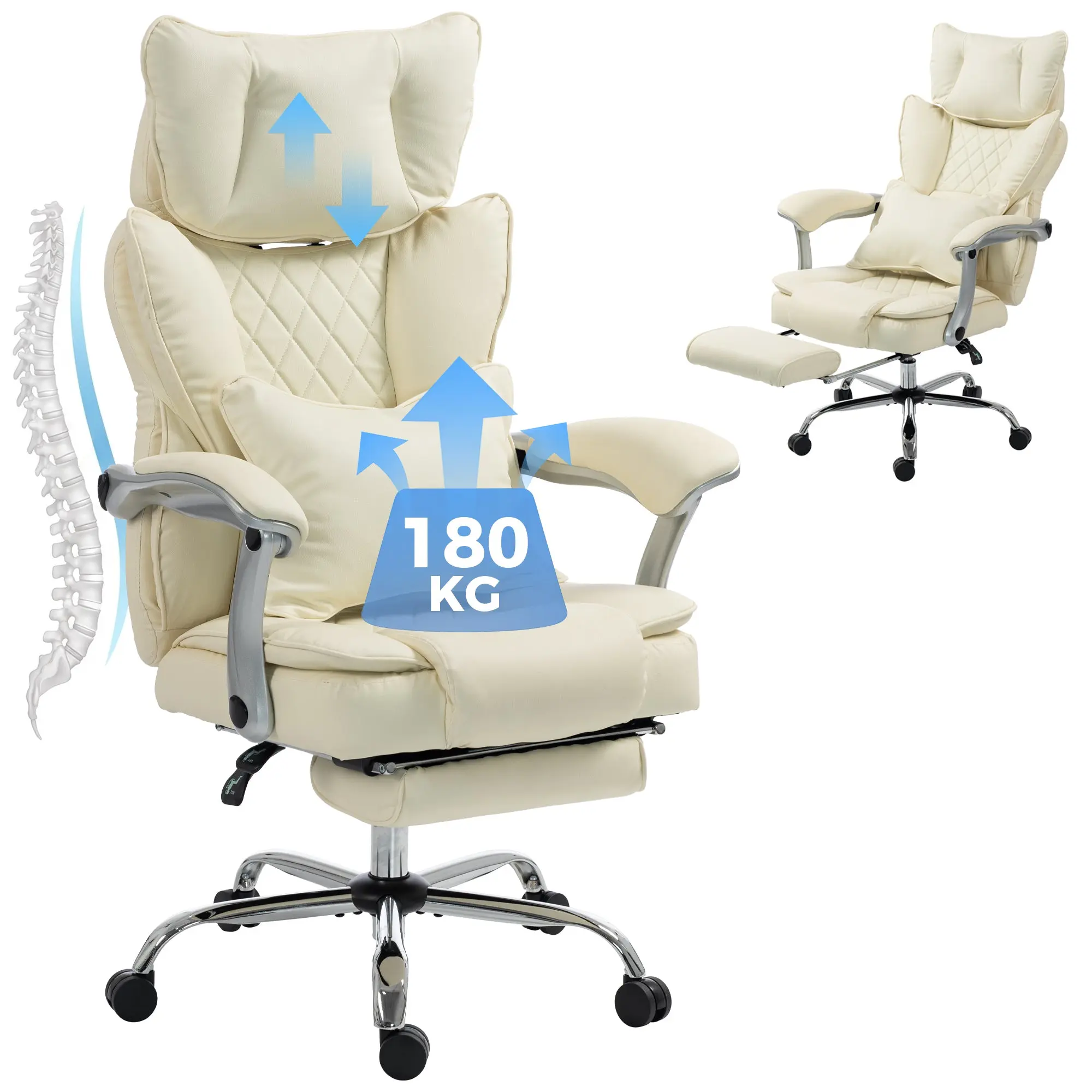 Big & Tall Office Chair 180 kg PU with adj headrest & lumbar support, Beige