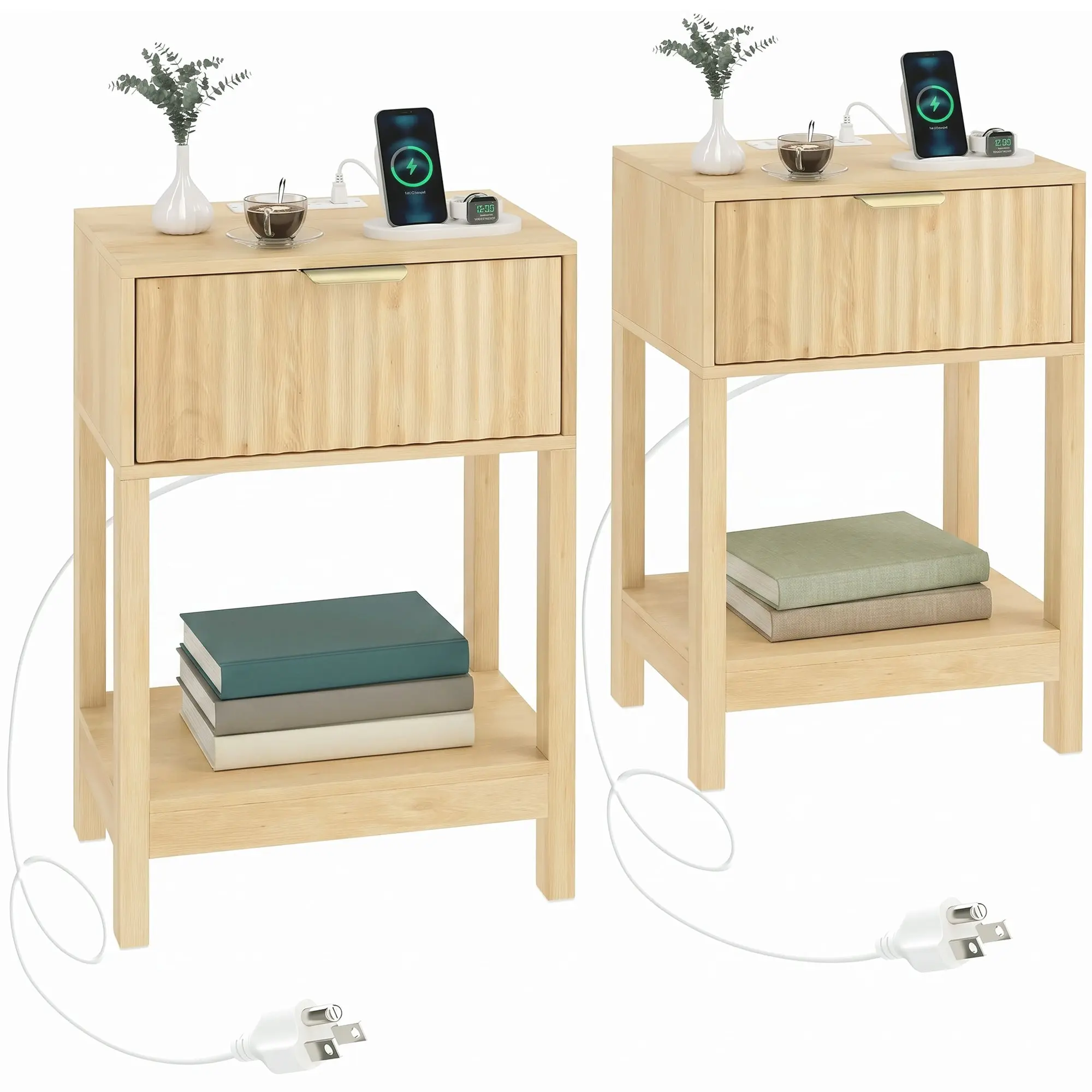 Set of 2 Slim Nightstands with Drawer, Open Shelf, Built-in AC, USB & Type-C, Oak