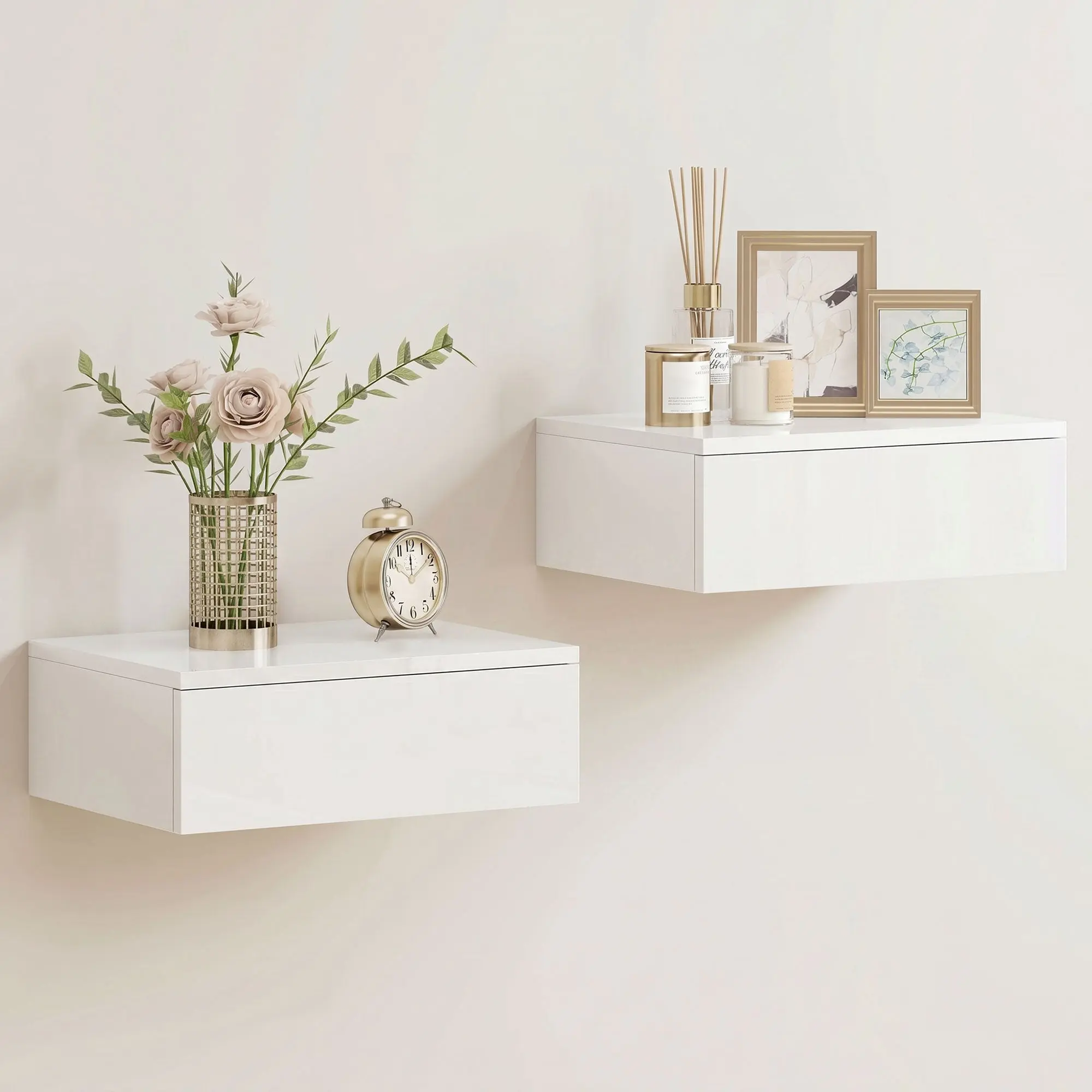 Floating Bedside Table Set of 2 with High Gloss Finish and Drawer, White