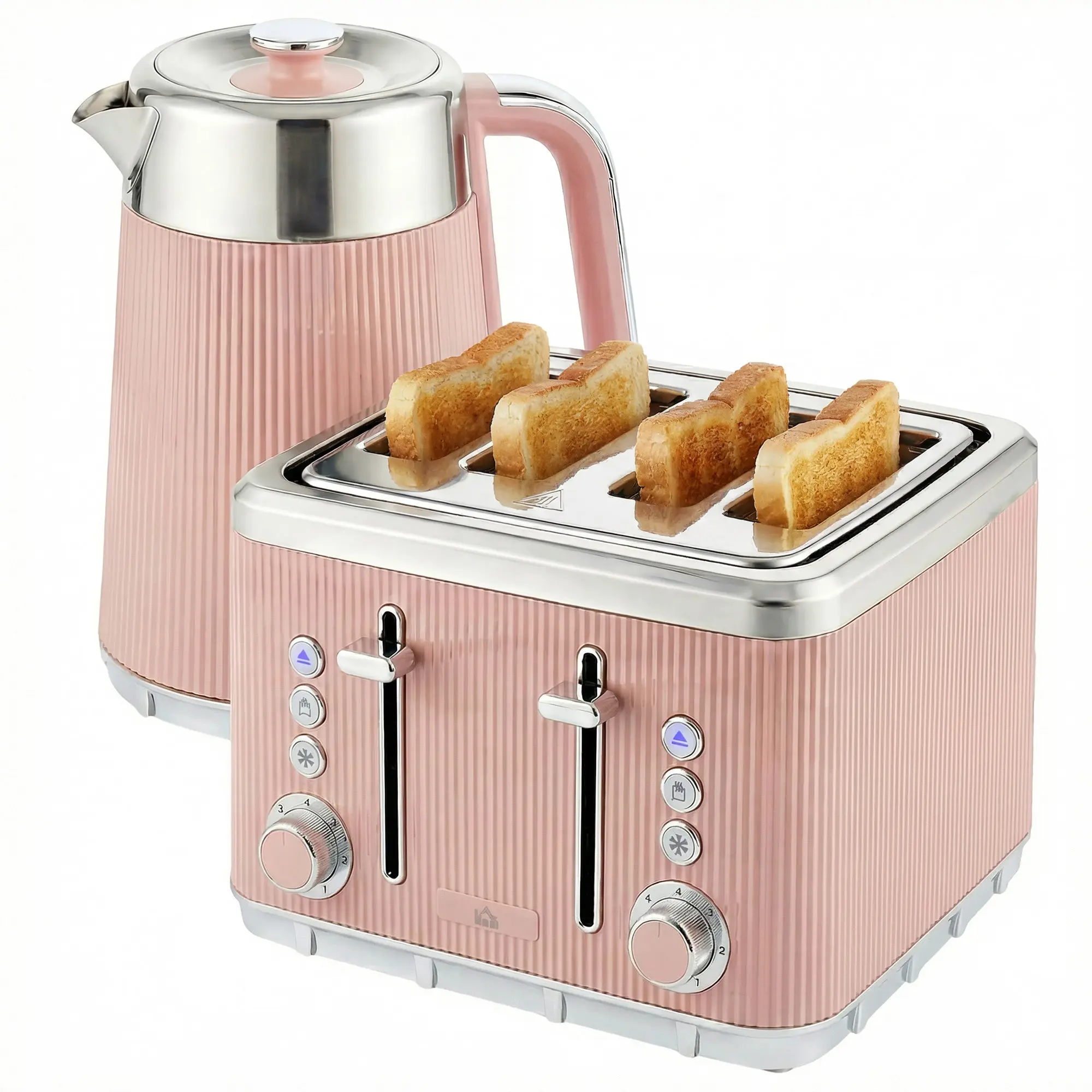 Electric Stainless Steel Kettle and Toaster Set, 3000W 1.7L UK Strix Thermostat Fast Boil Kettle w/ Limescale Filter, Cool Touch Body, 4 Slice Toaster with 7 Browning Levels, Crumb Tray, Pink