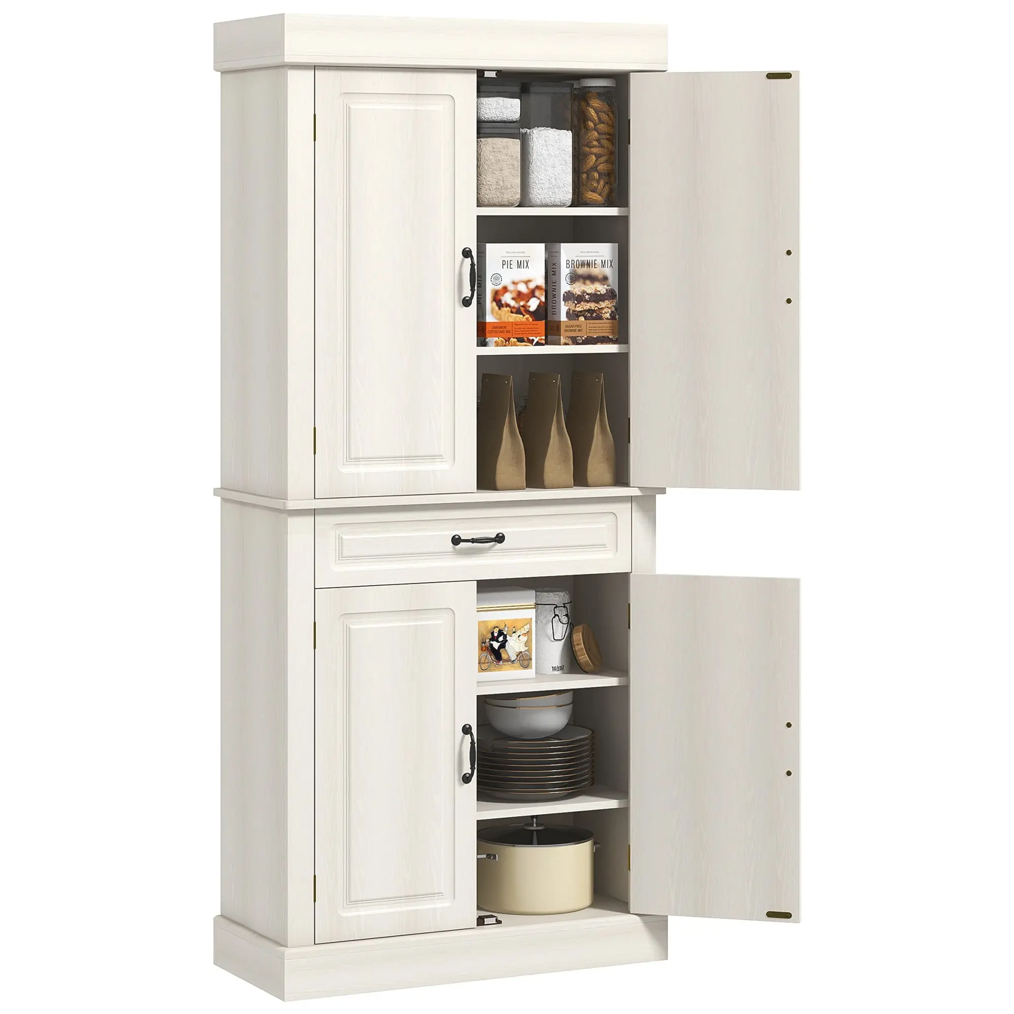 Freestanding Storage Cabinet with Wide Drawer and Shelves, White Wood Grain