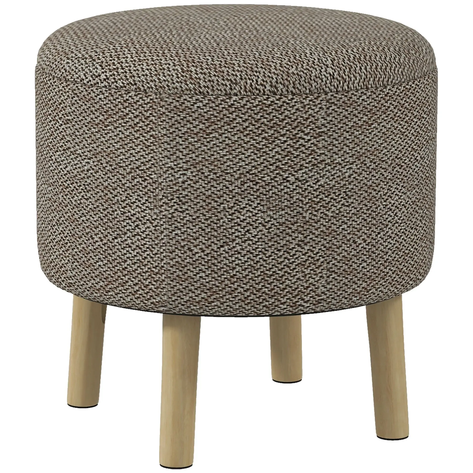 Linen-Look Ottoman Storage Stool with Oak Legs and Cushioned Top