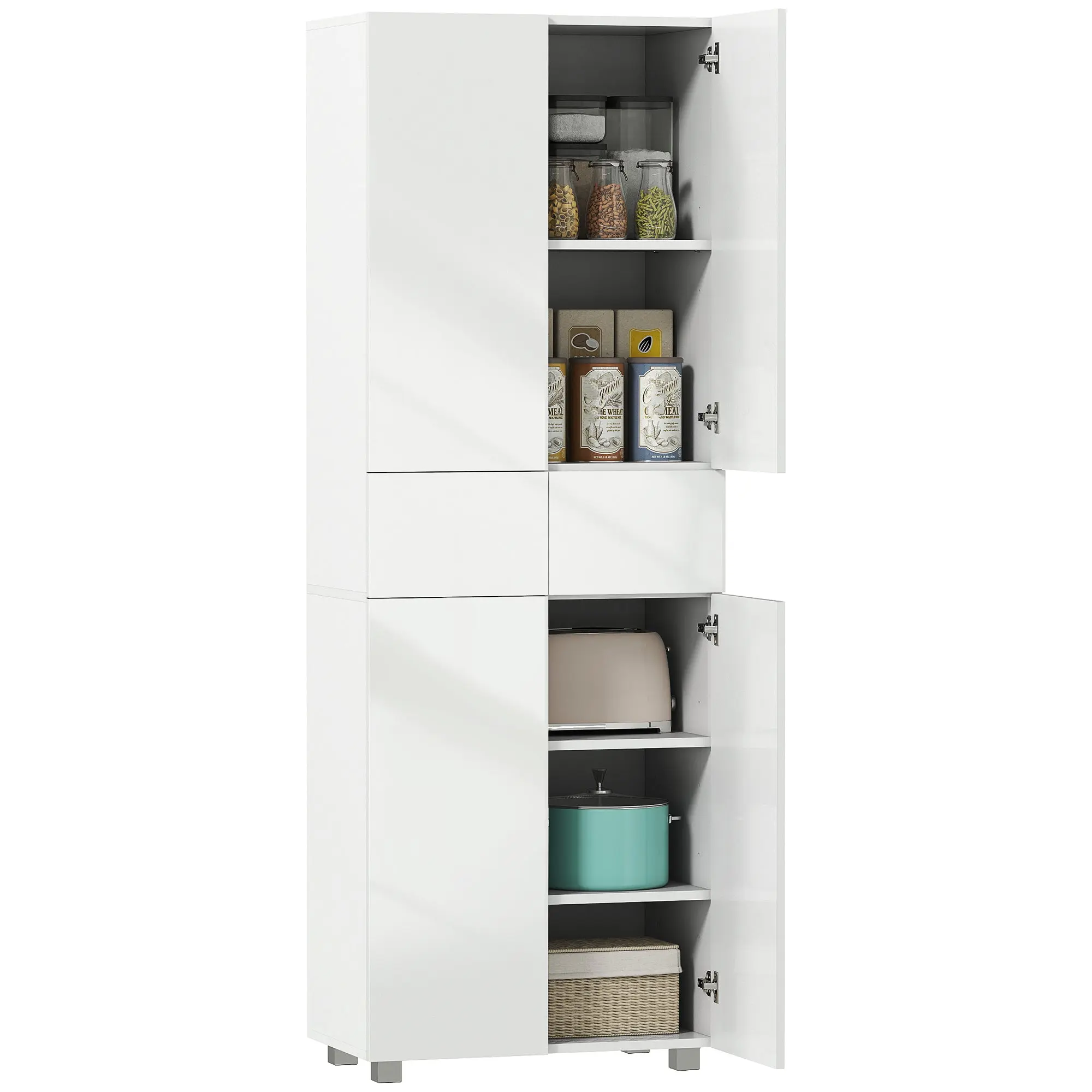 4-Door Kitchen Cupboard, Tall Freestanding 5-Tier Storage Cabinet with 3 Adjustable Shelves, 2 Drawers for Living Room, Dining Room, Push to Open Design, High Gloss White