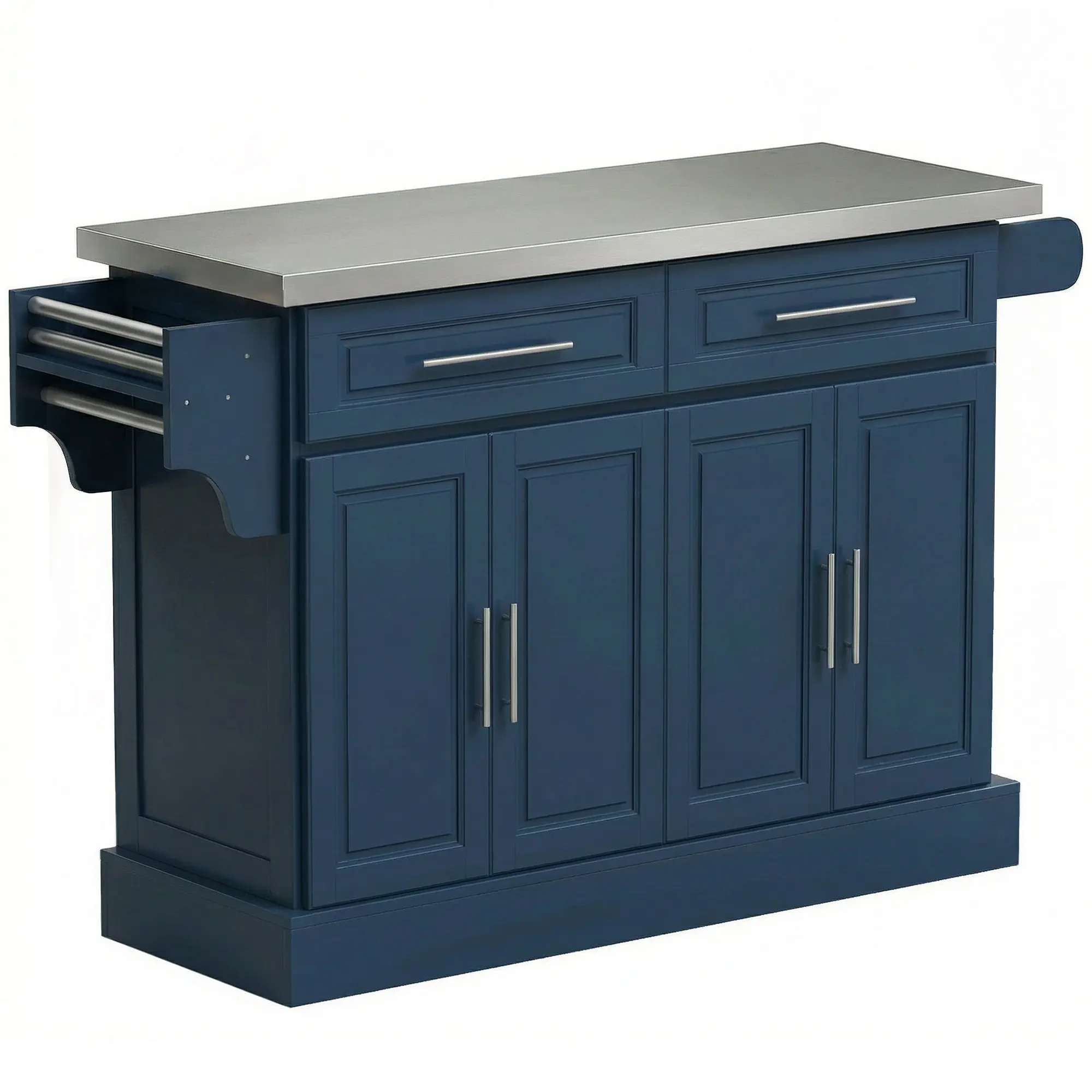 Rolling Kitchen Island with Stainless Steel Top, 2 Drawers, Spice, Knife and Towel Rack, Navy