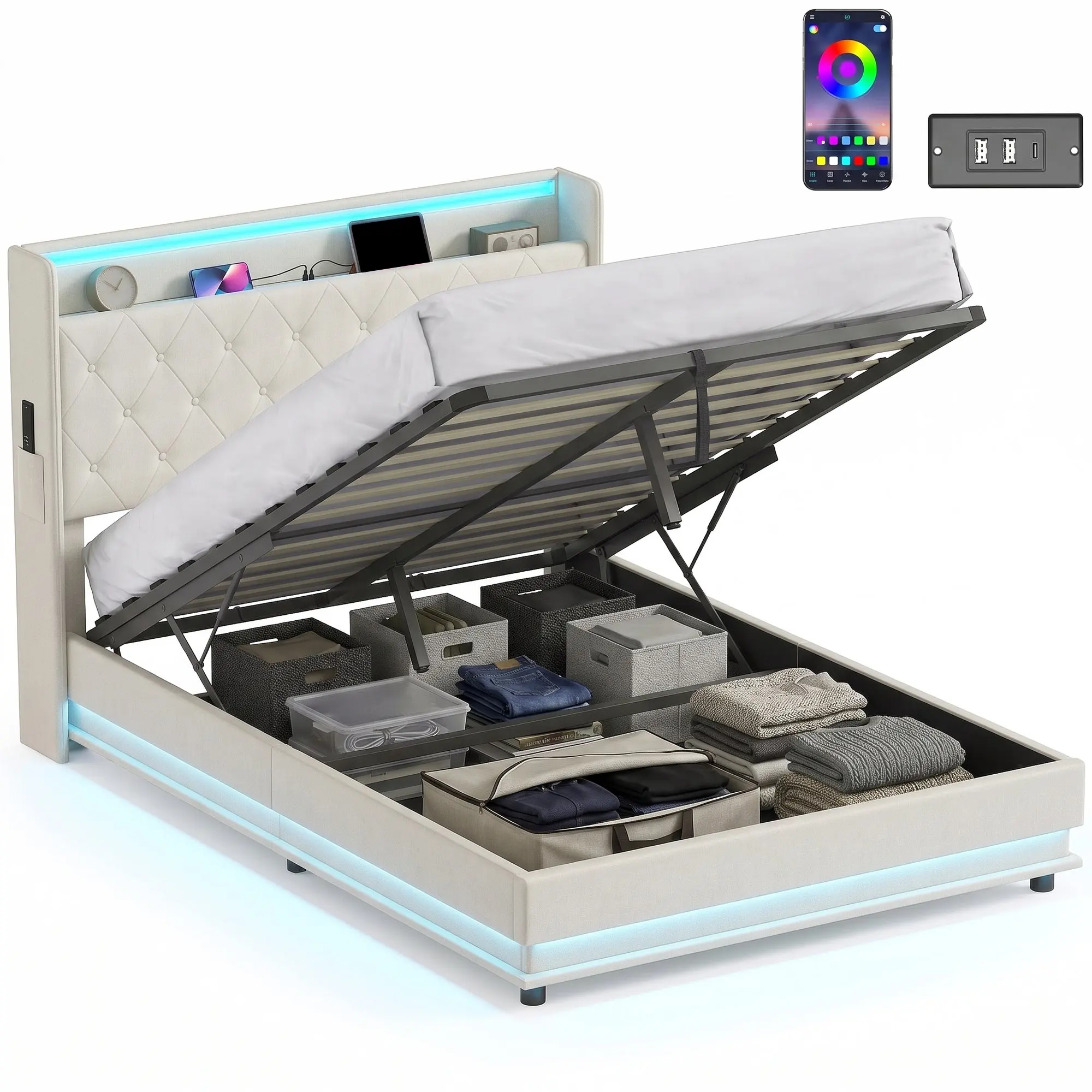 4ft6 Double Ottoman Bed with Hydraulic Lift, LED & USB Charging, Headboard, Cream