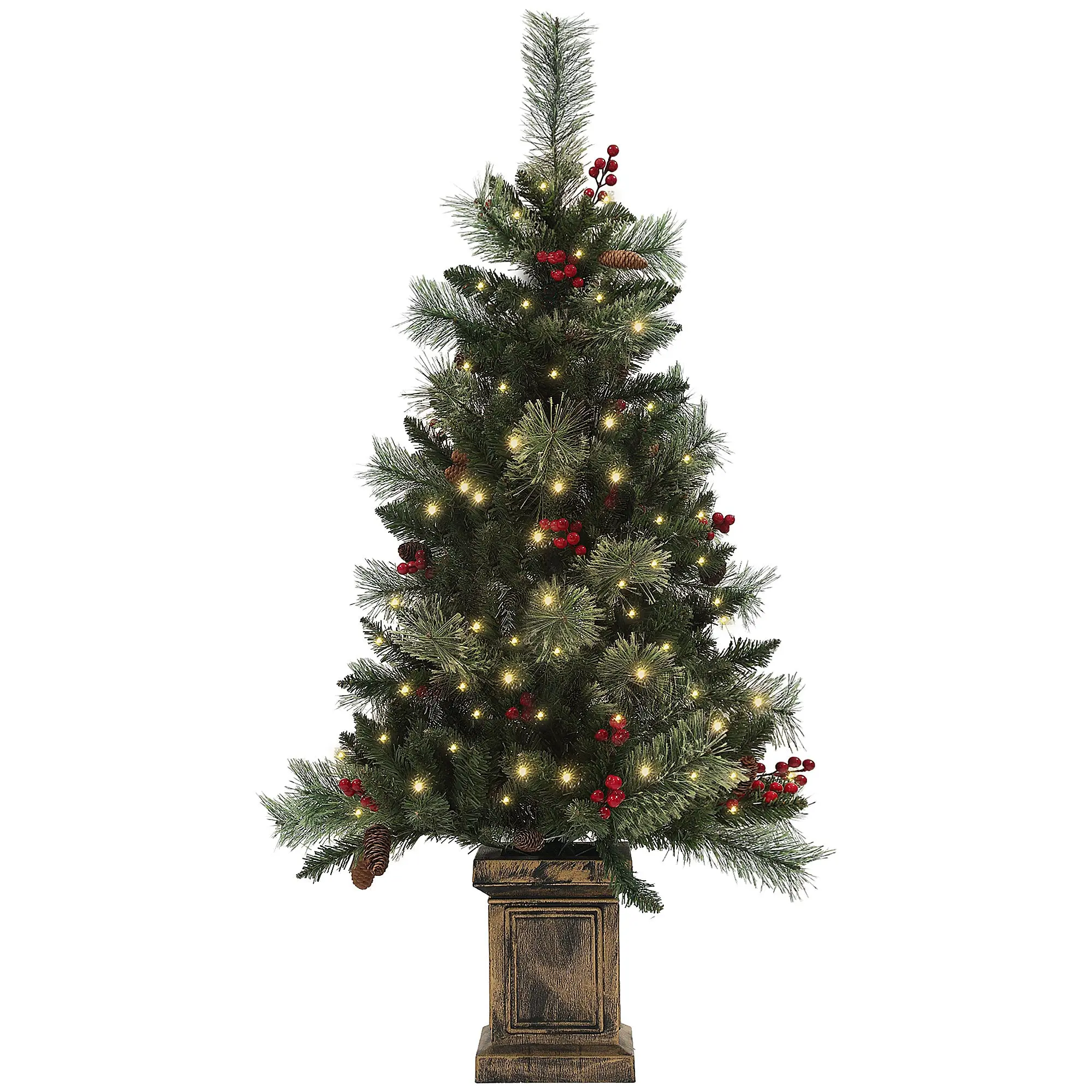 1.2m 4ft Green Artificial Christmas Tree with 8-Mode LED Lights, Red Berries