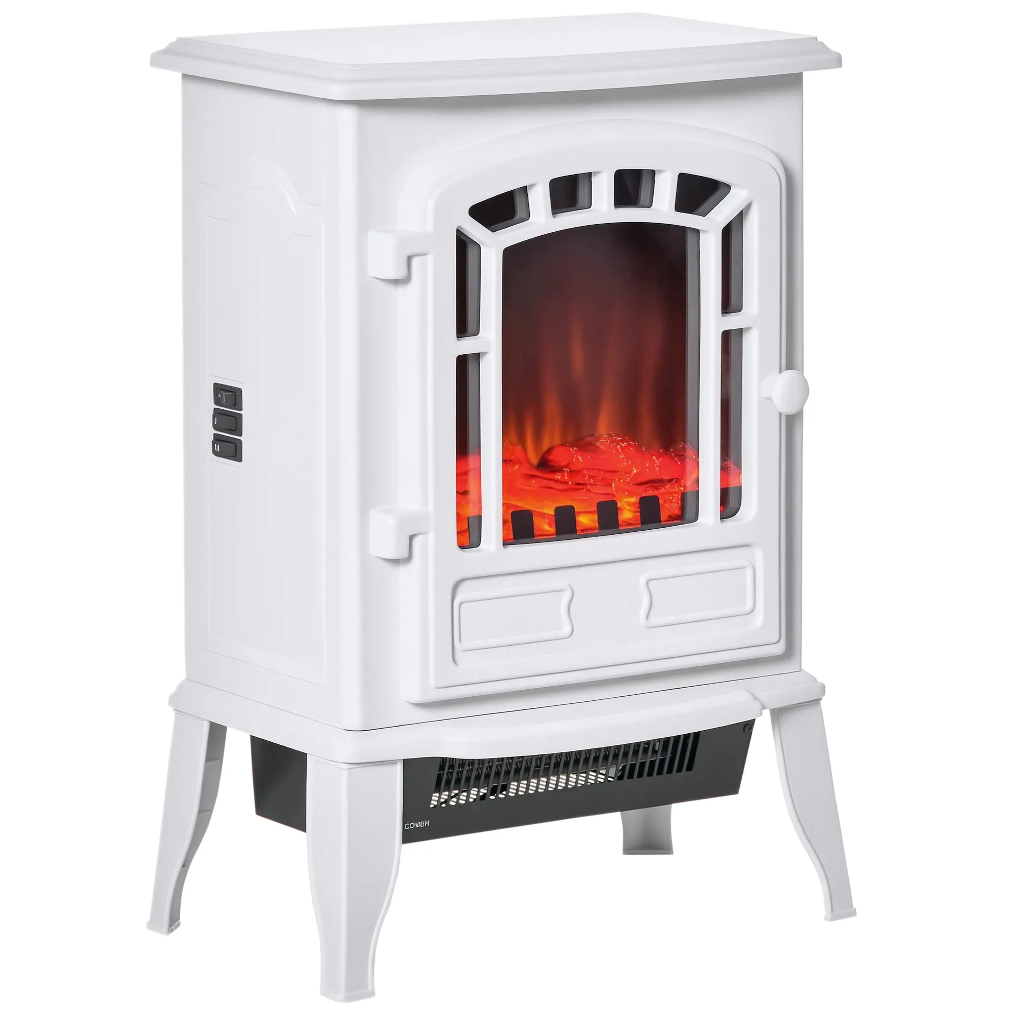 22" Free Standing Electric Fireplace Stove with Door, Fire Place Heater with Realistic Flame Effect, Overheat Safety Protection, 750W / 1500W, White