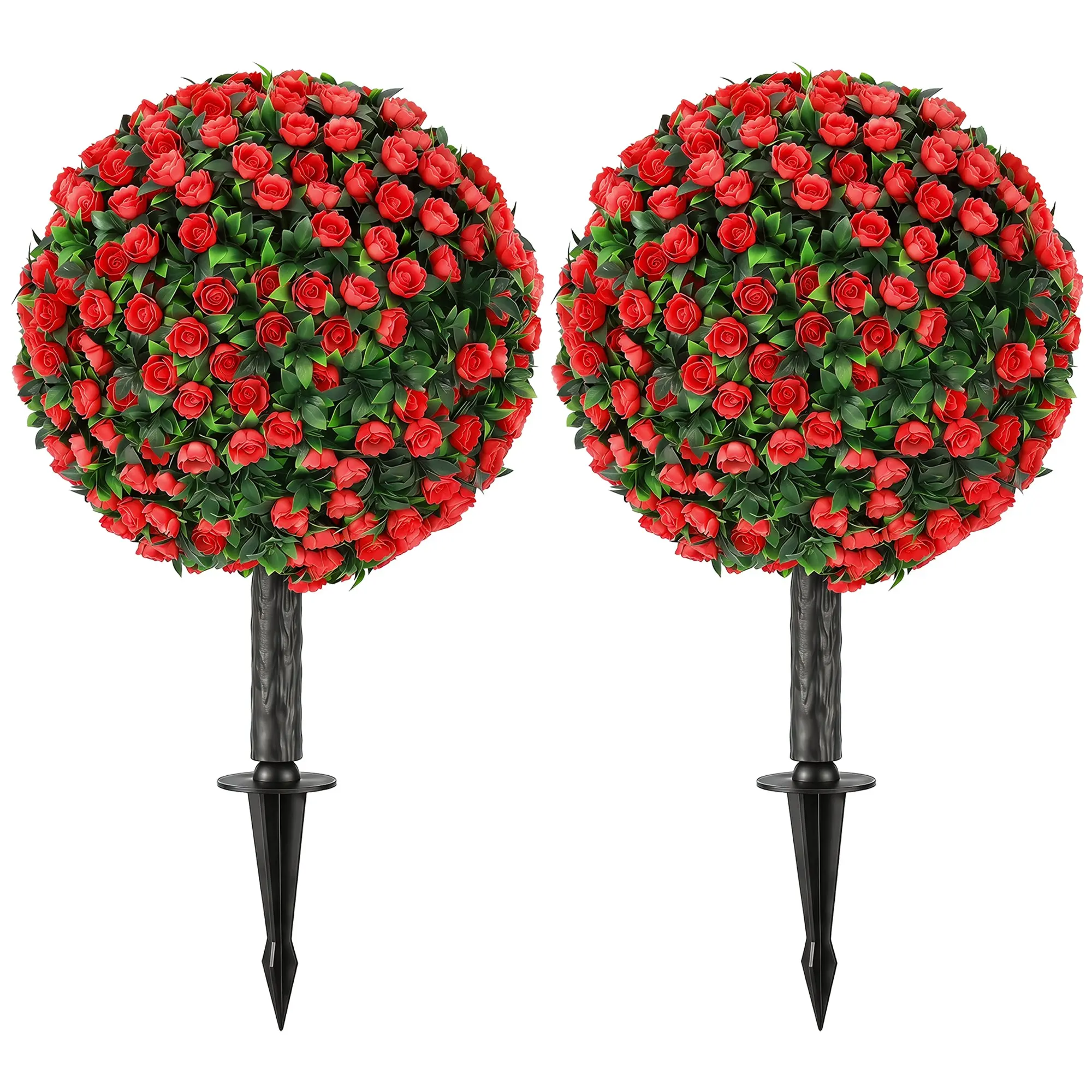 55 cm Artificial Rose Topiary Set of 2 with Ground Stake, UV-Resistant Fake Plants for Indoor & Outdoor Decor, Red
