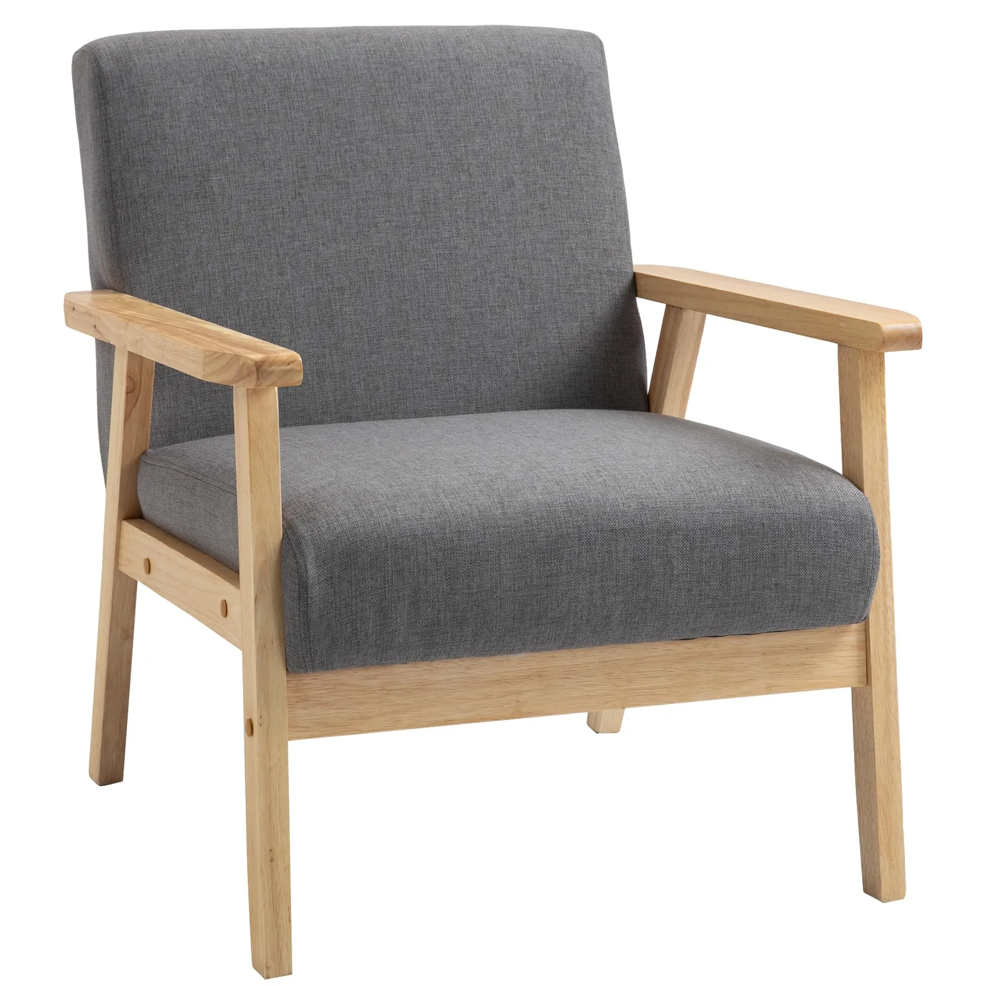Wood Frame Accent Armchair with Thick Linen Cushions & Wide Seat, Grey