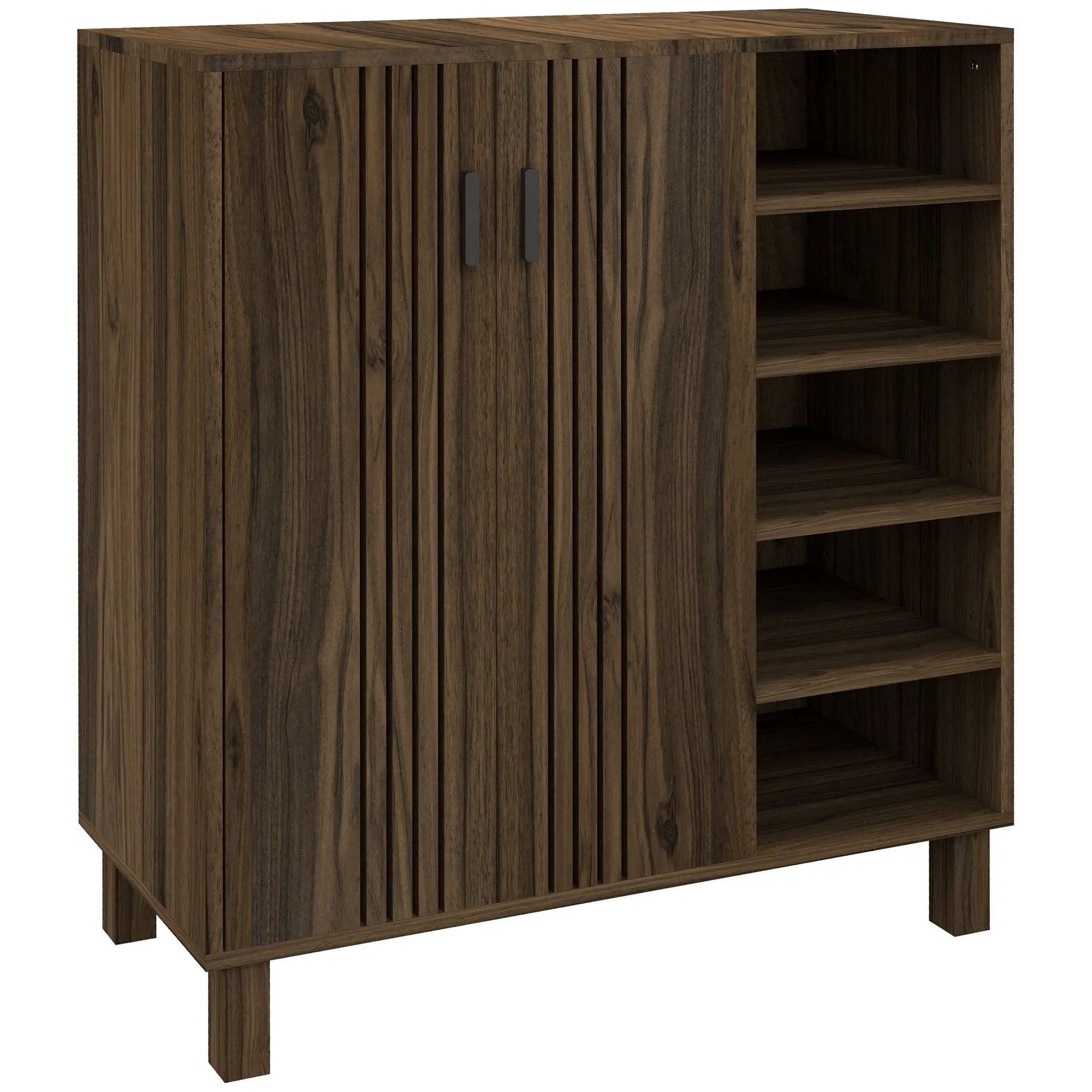 Rustic Shoe Cabinet with 5-Tier Open Shelves, Double Door Cupboard for 17 Pairs, Walnut