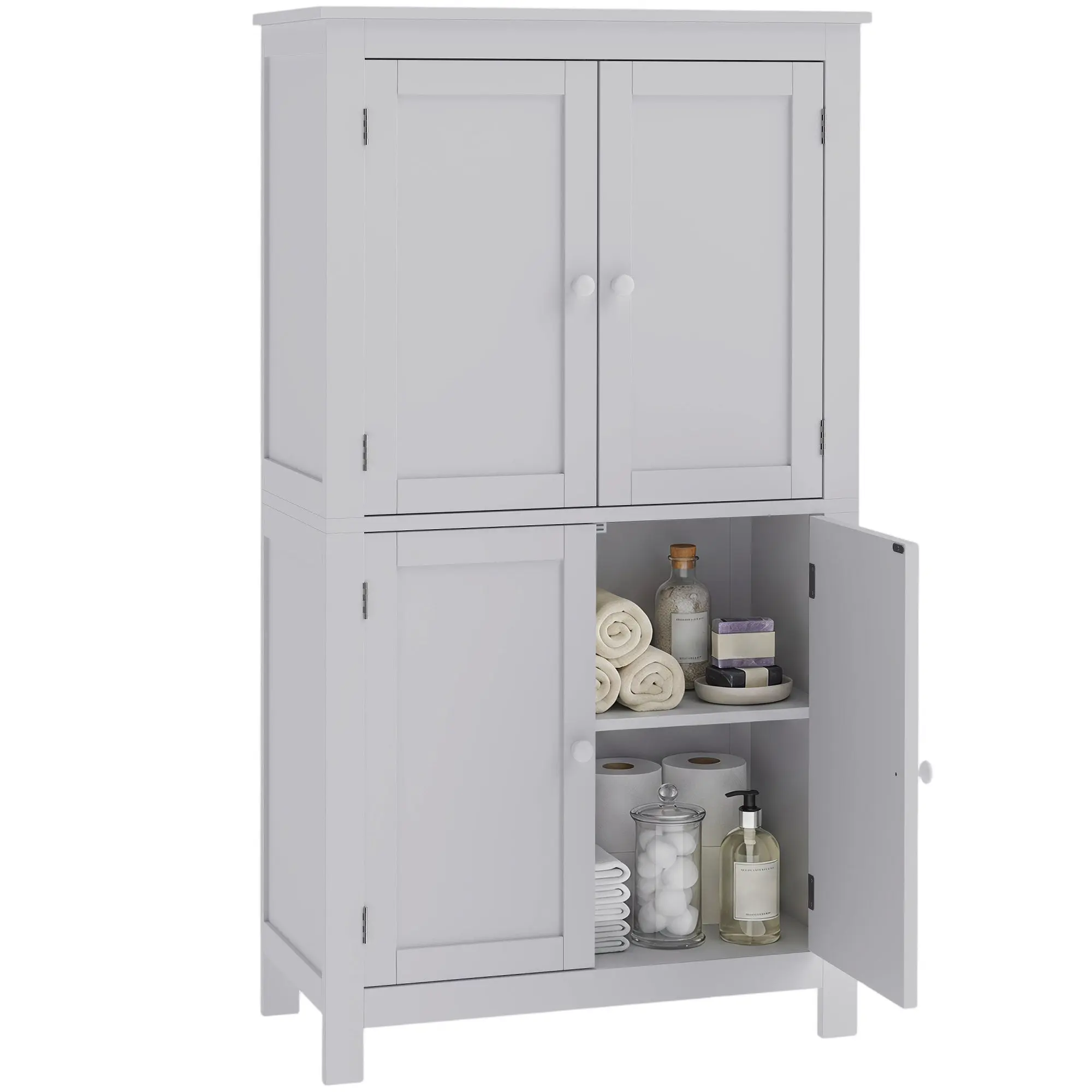 Tall bathroom cabinet with adjustable shelves & hidden storage, white