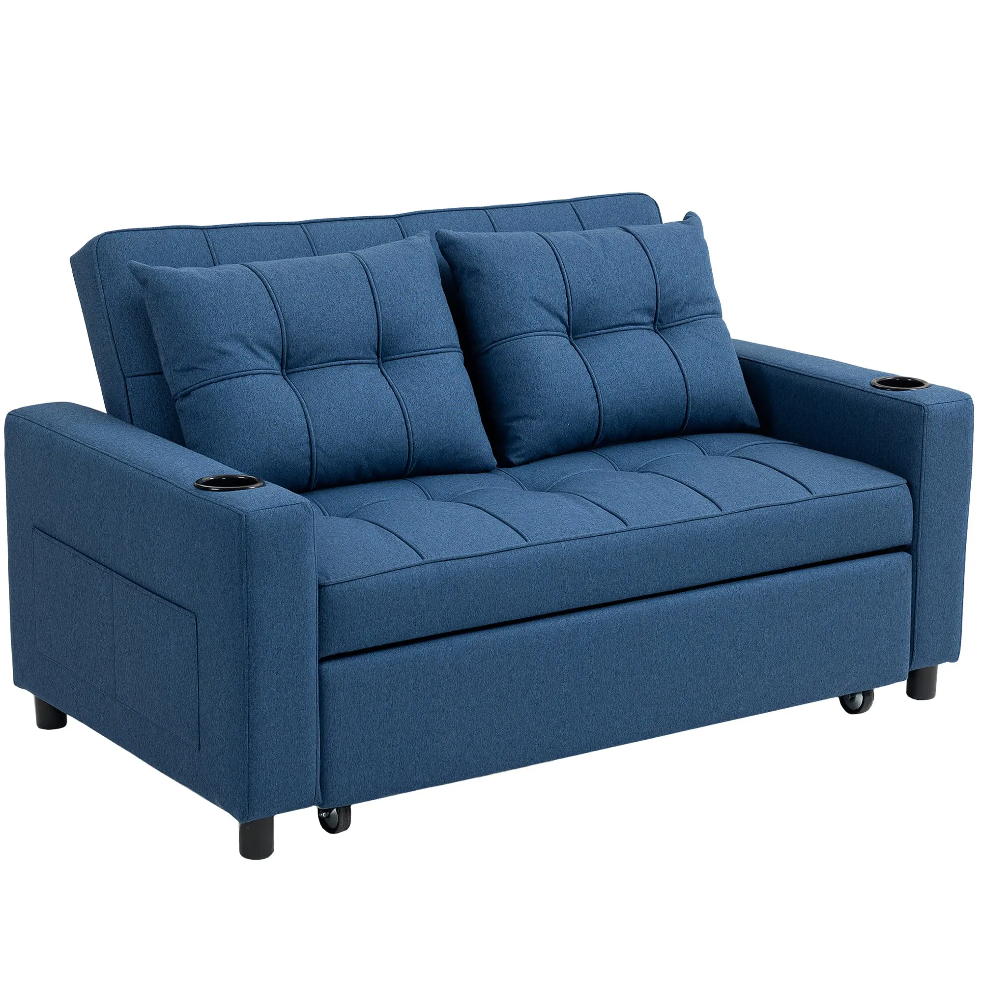 2-Seater Convertible Sofa Bed with Adjustable Backrest, Pull-Out Mattress & Side Pockets, Dark Blue
