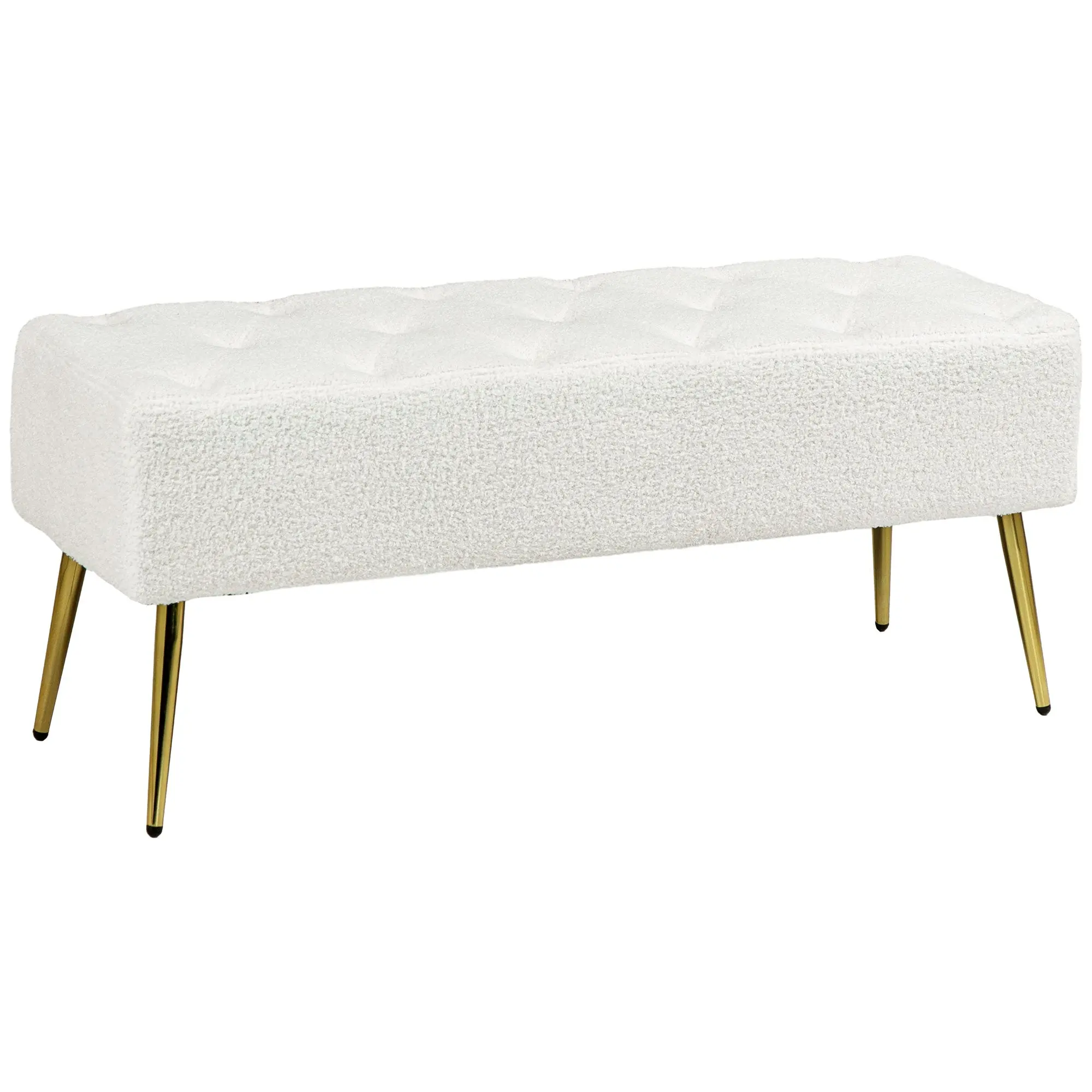 Lamb's Wool-Feel Upholstered Bench w/ Button Tufted & Steel Legs for Hallway, Cream White