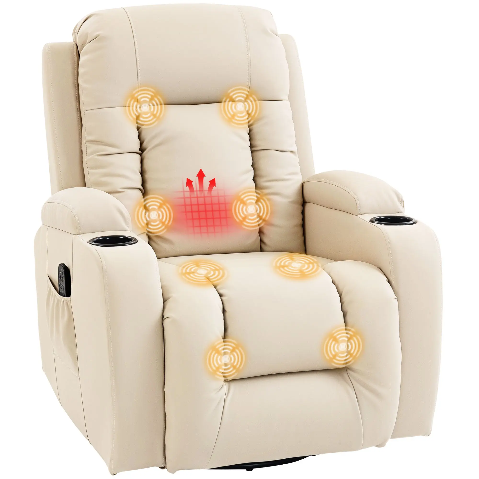 Cream PU Leather Recliner Chair with Massage & Heat, Extended Footrest, Swivel Rocking Base, Cup Holders & Side Pockets