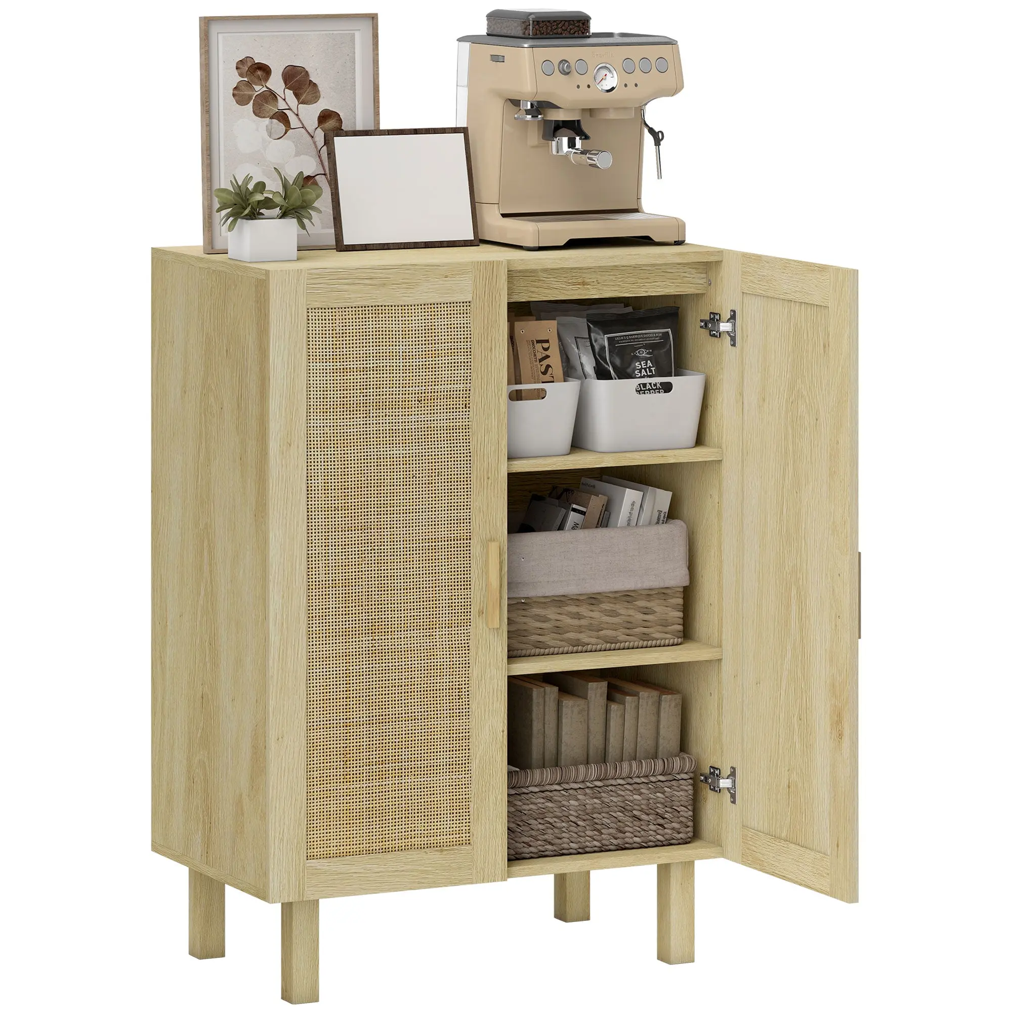 29" Boho Sideboard Buffet with Rattan Doors and Adjustable Shelves, Natural Wood