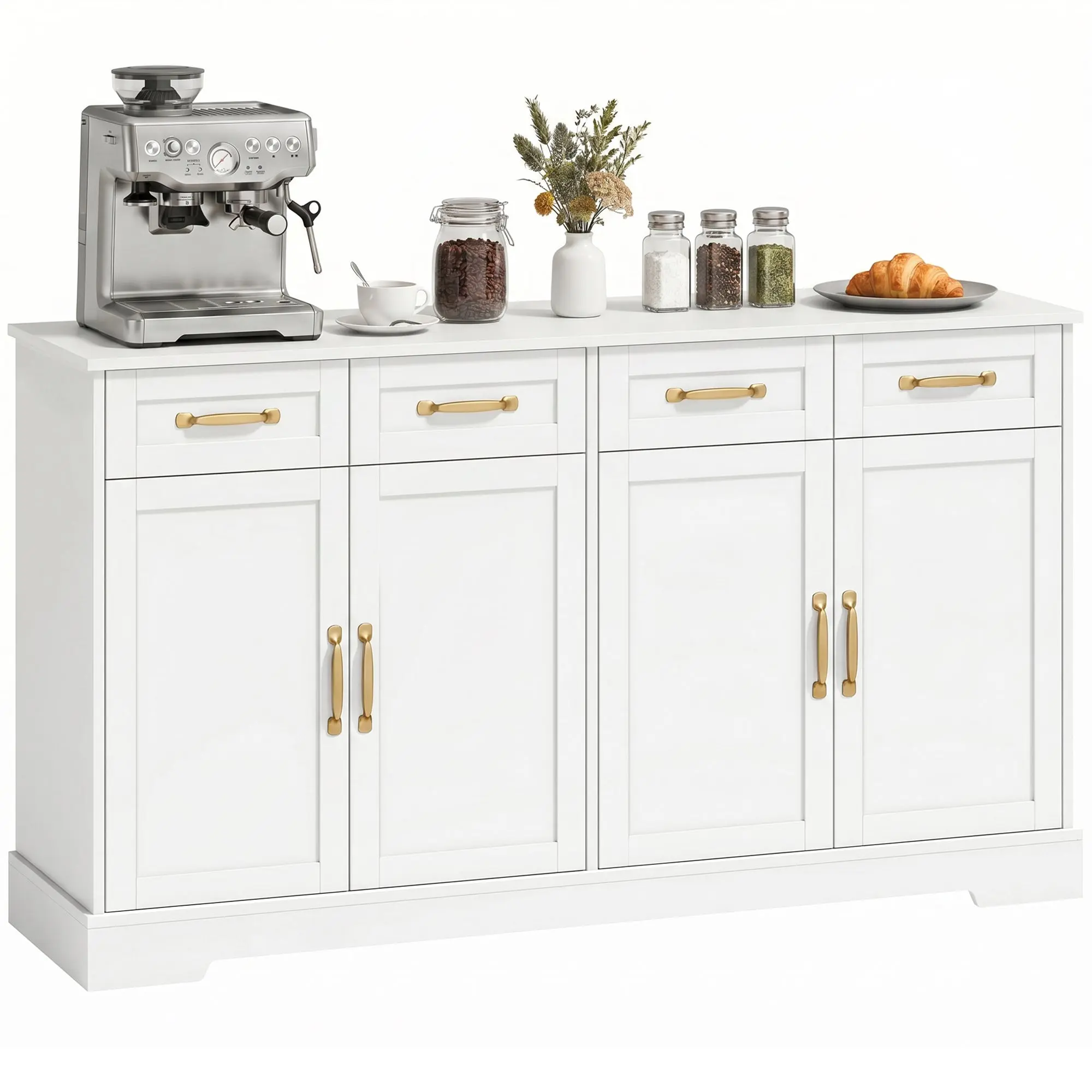 55" Modern Farmhouse Sideboard with 4 Drawers, 4 Doors and 2 Shelves, White