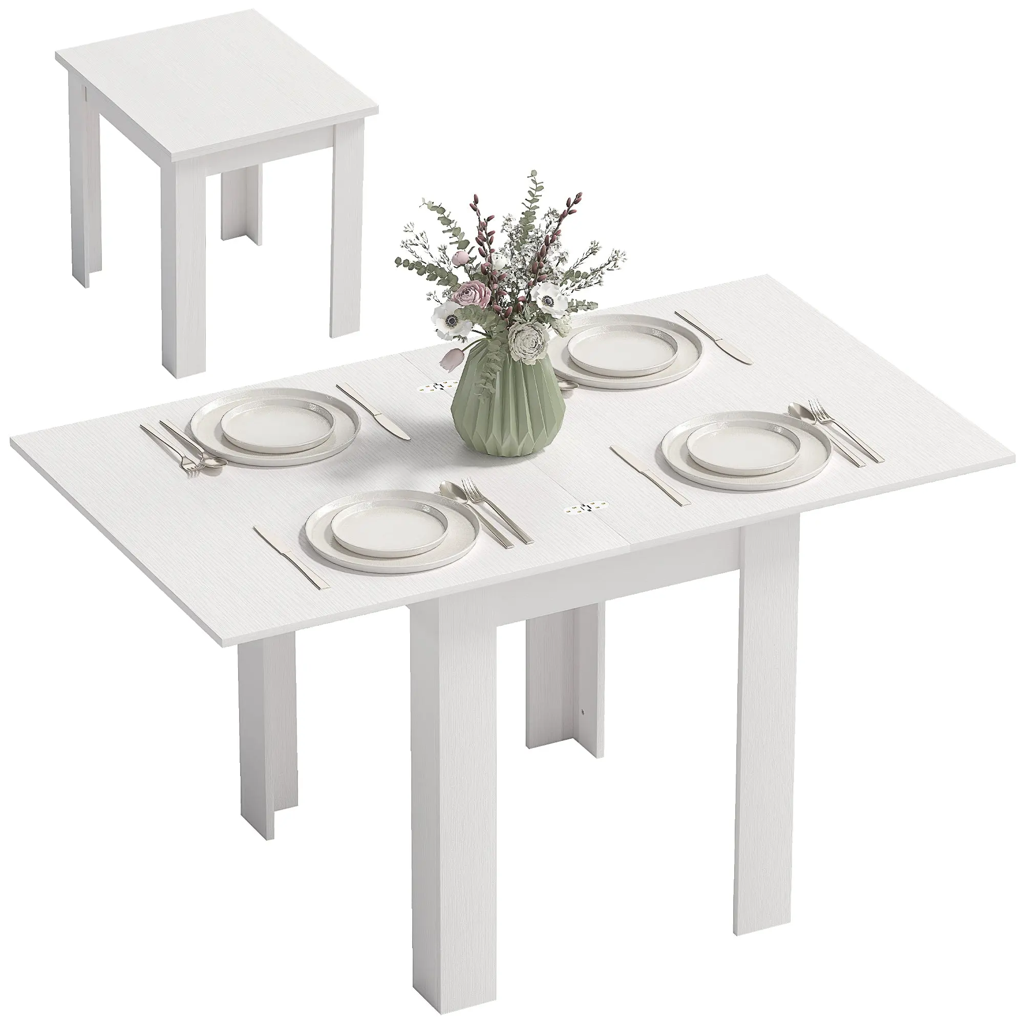 55" Extendable Dining Table for 4-6 Person, Rectangular Modern Kitchen Table with PU Handle and Felt Pads for Small Spaces, White Wood Effect
