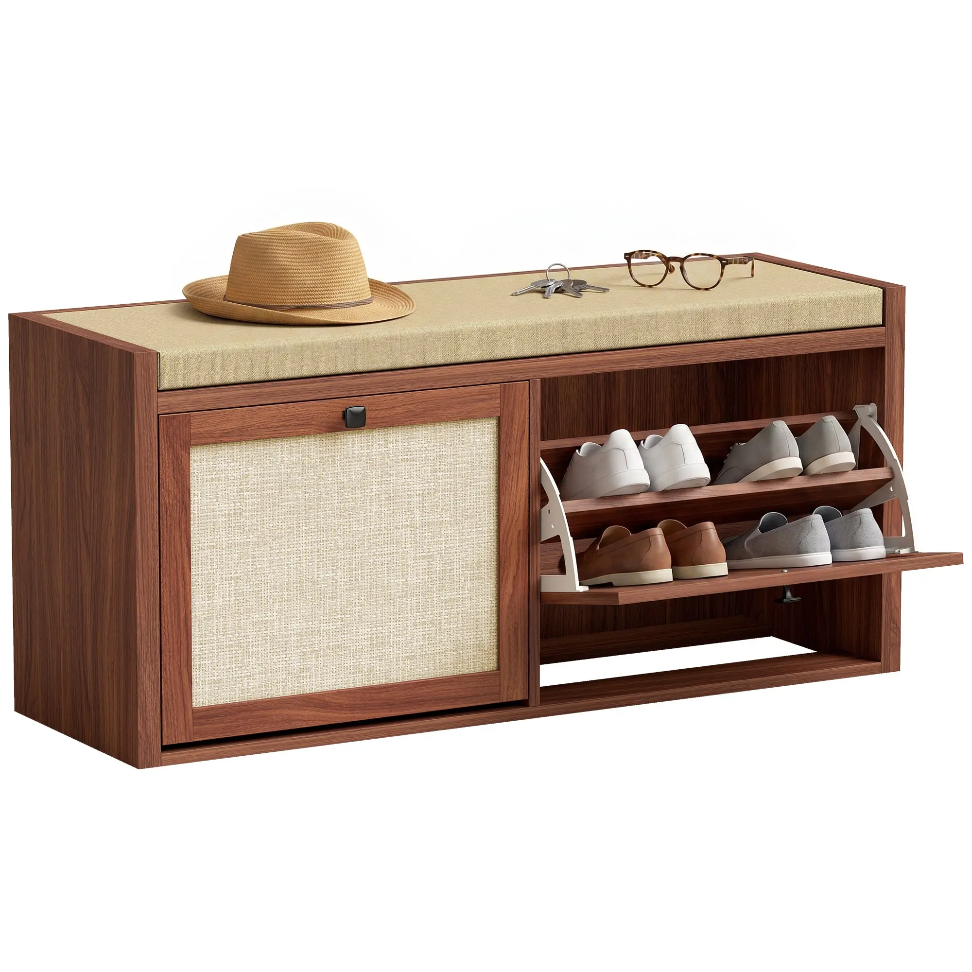 Shoe Storage Bench with Padded Cushion Seat & 2 Rattan Doors for Hallway or Bedroom, Brown