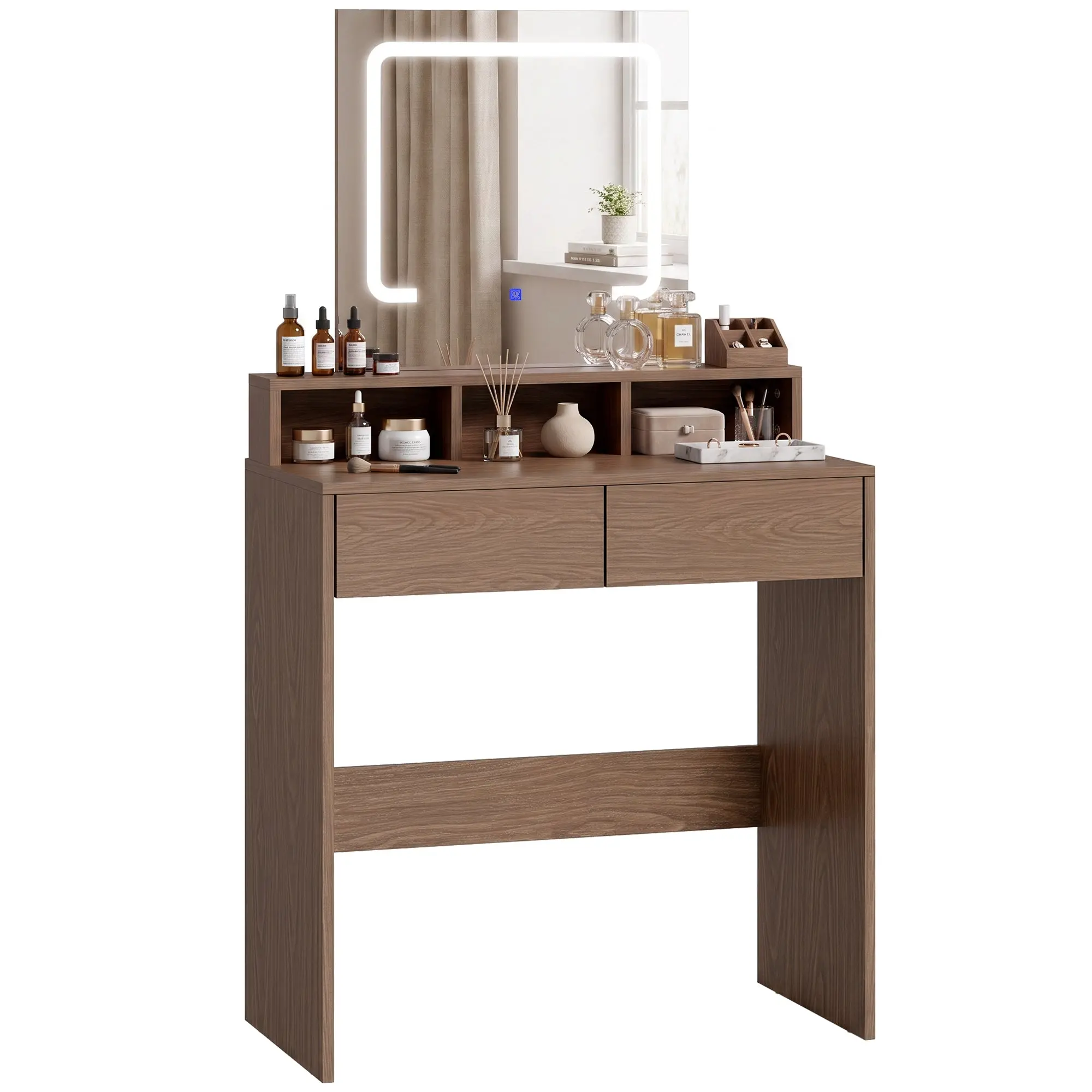 Vanity Table with Mirror & LED Lights, 2 Drawers and 3 Compartments, Walnut