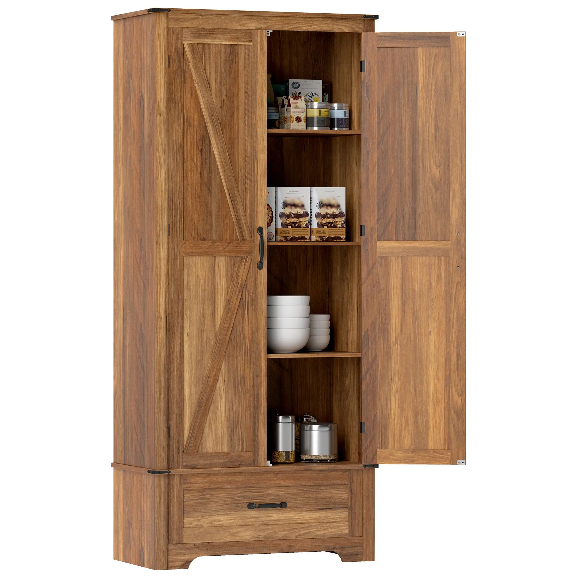 72" Farmhouse Kitchen Pantry Cabinet with Adjustable Shelves & Drawer, Brown