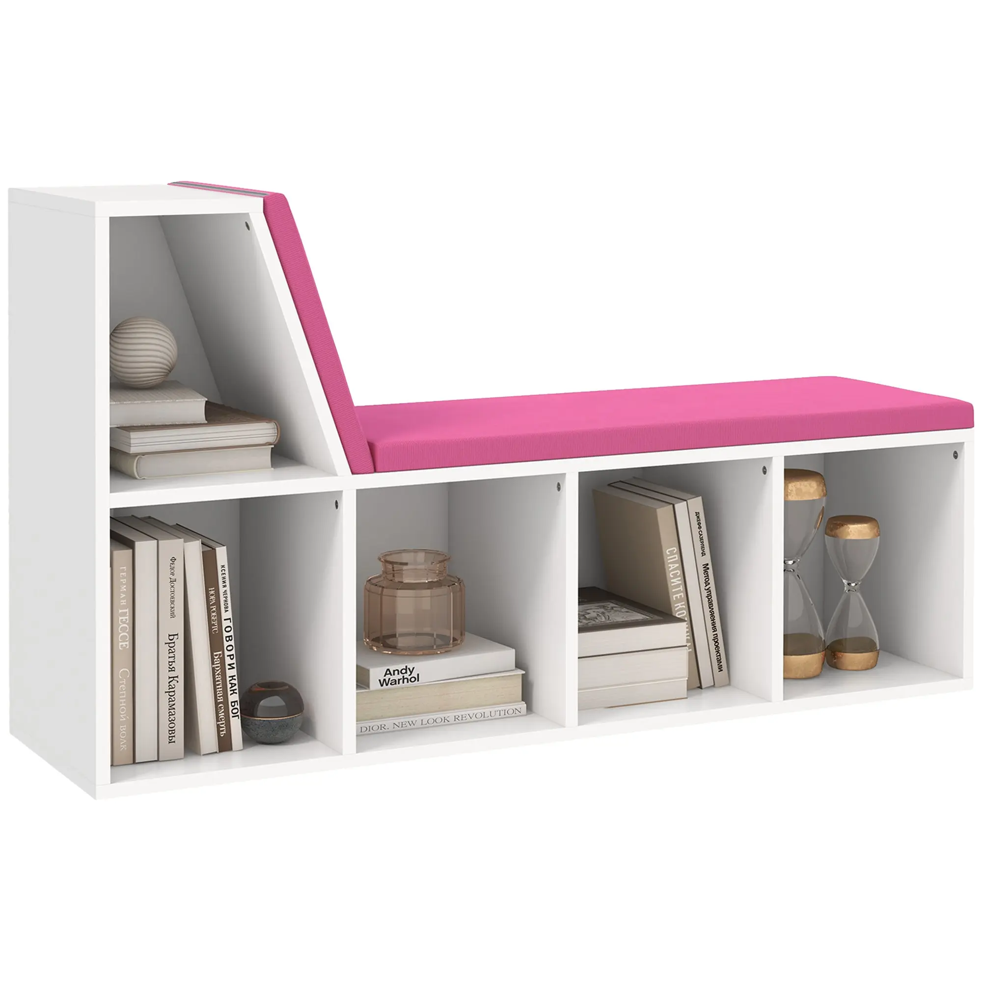 5 Cube Storage Bookshelf with Cushioned Reading Nook for Home Office, Kid Room, Pink