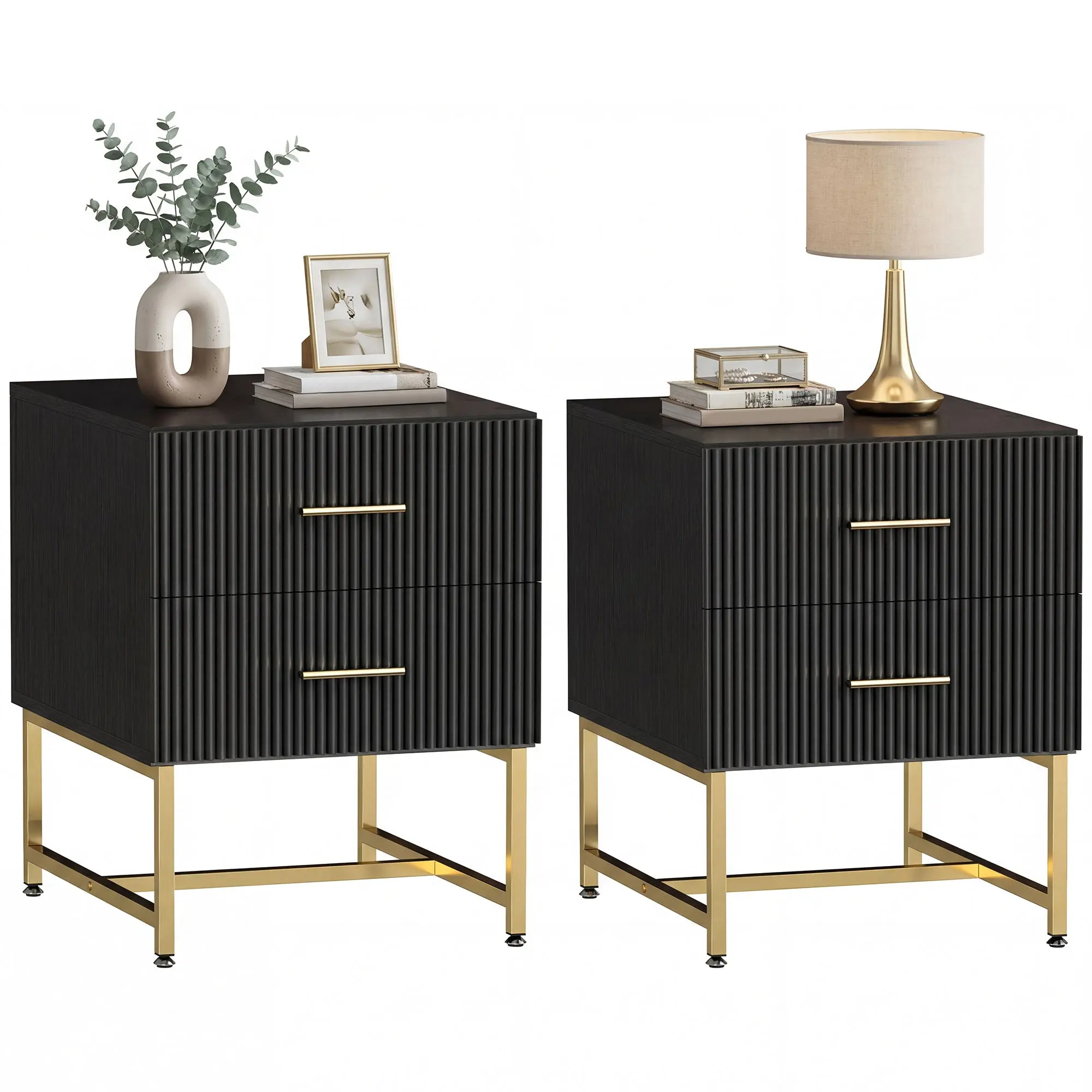 Modern Nightstands Set of 2, Bedside Tables with 2 Drawers and Fluted Panels, Black