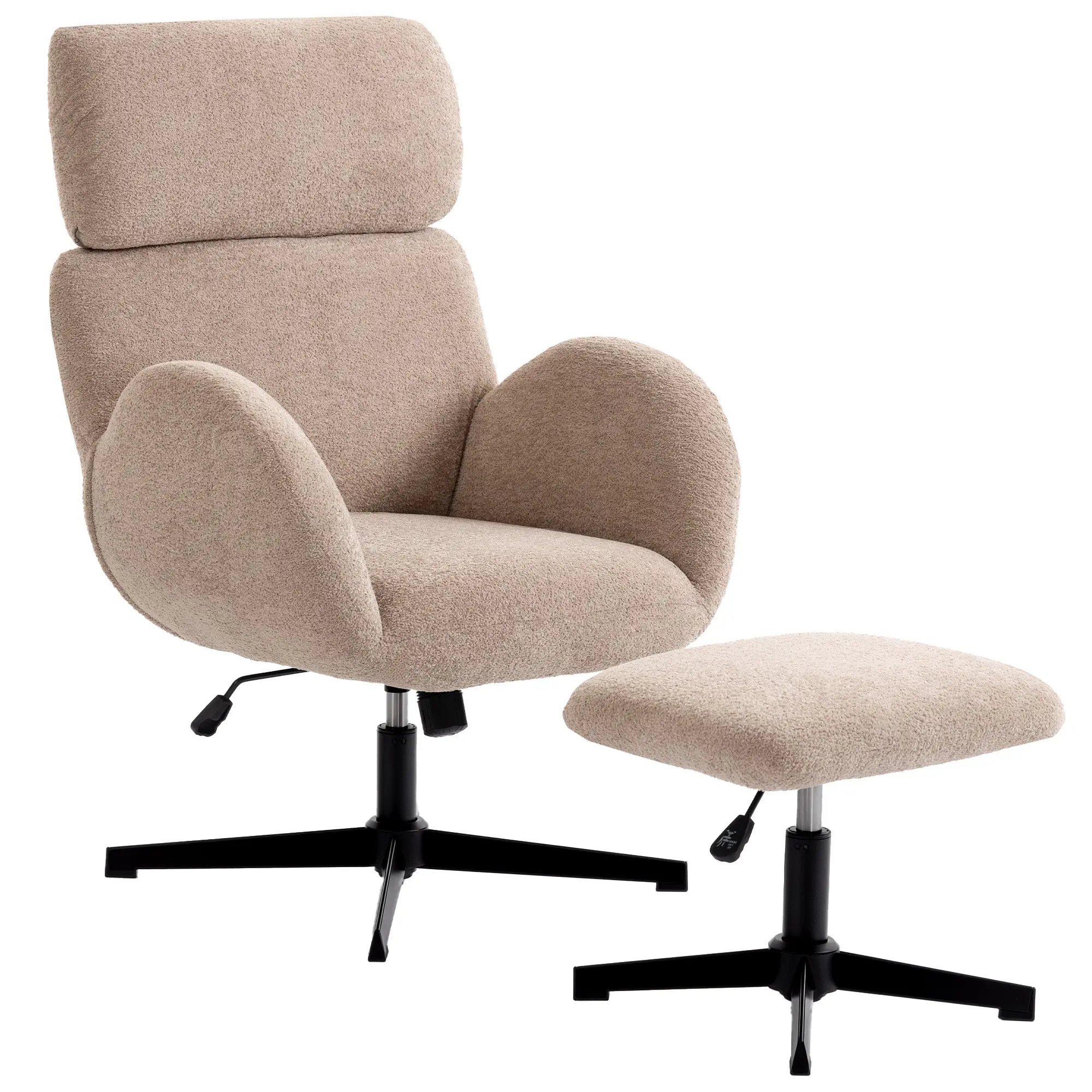 Raindrop Velvet Swivel Chair with Footstool, Height Adjustable, Rocking and Adjustable Headrest, Light Brown