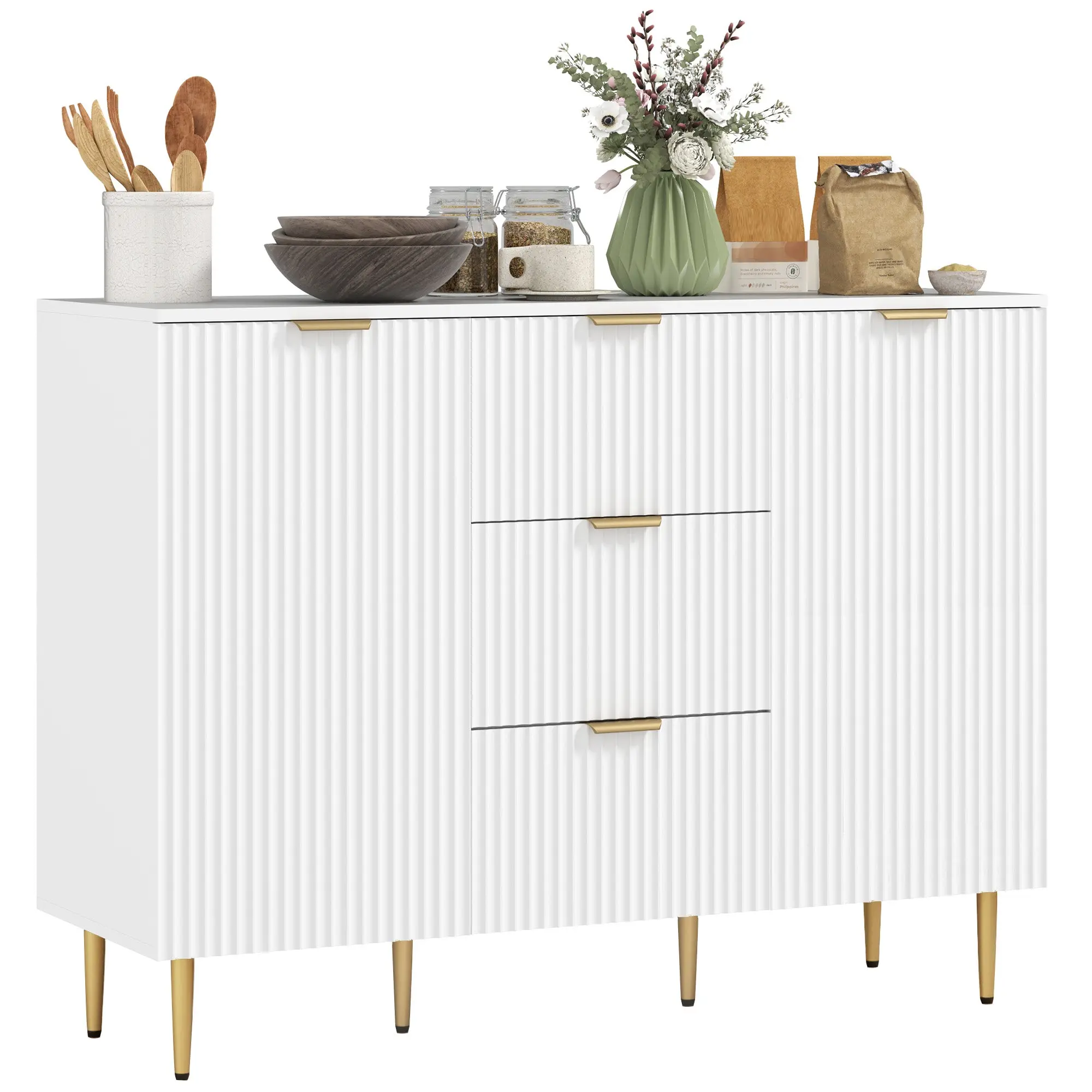 Modern Fluted Sideboard Cabinet with 3 Drawers & Metal Legs, White