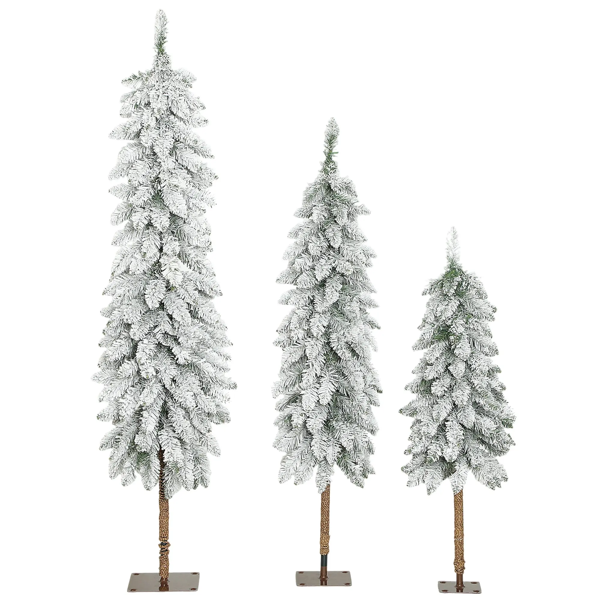 Set of 3 Pencil Flocked Christmas Tree, 3ft 4ft 5ft Slim Downswept Xmas Tree with Metal Stand