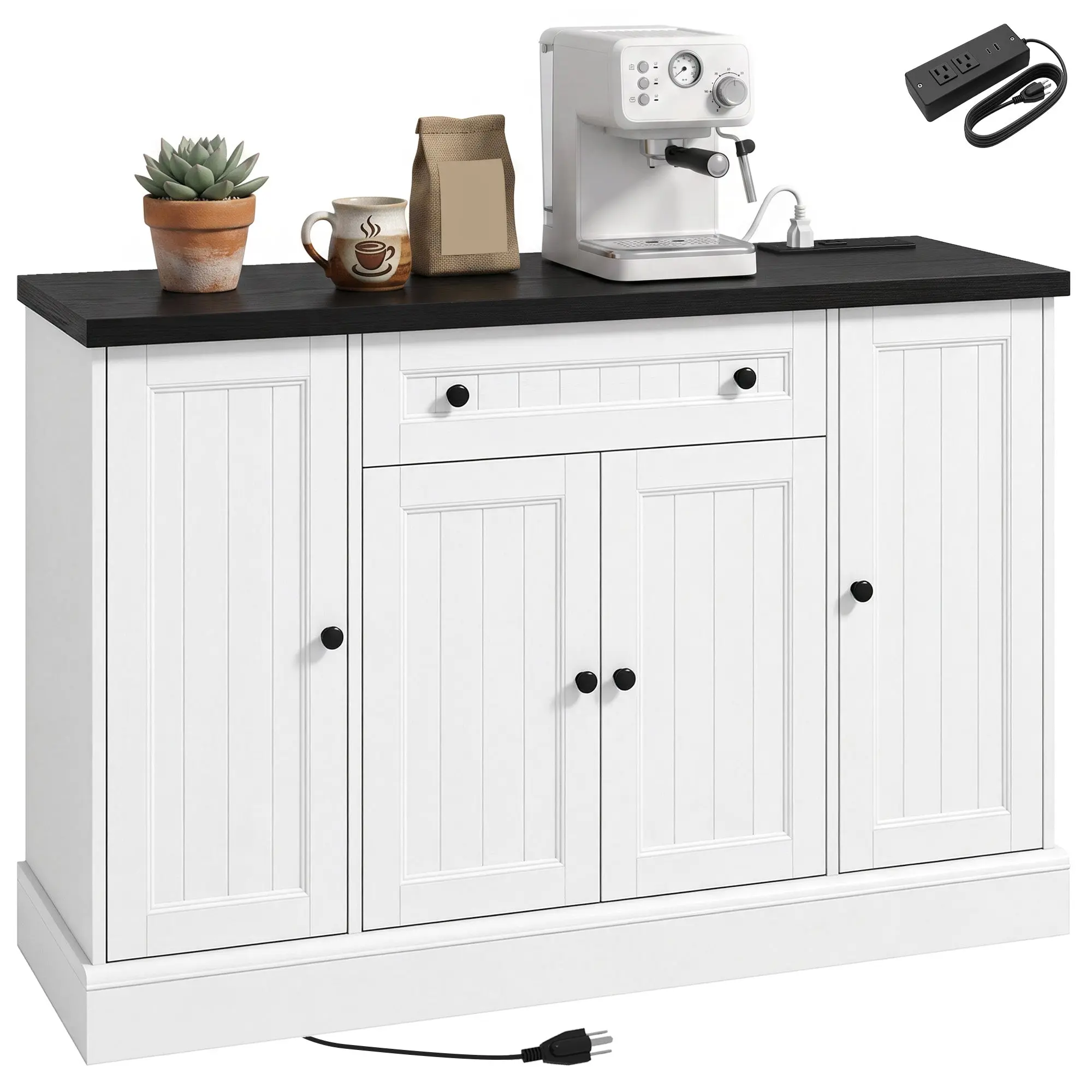 47" Farmhouse Sideboard Buffet with Charging Station, Drawer and 3 Adjustable Shelves, White