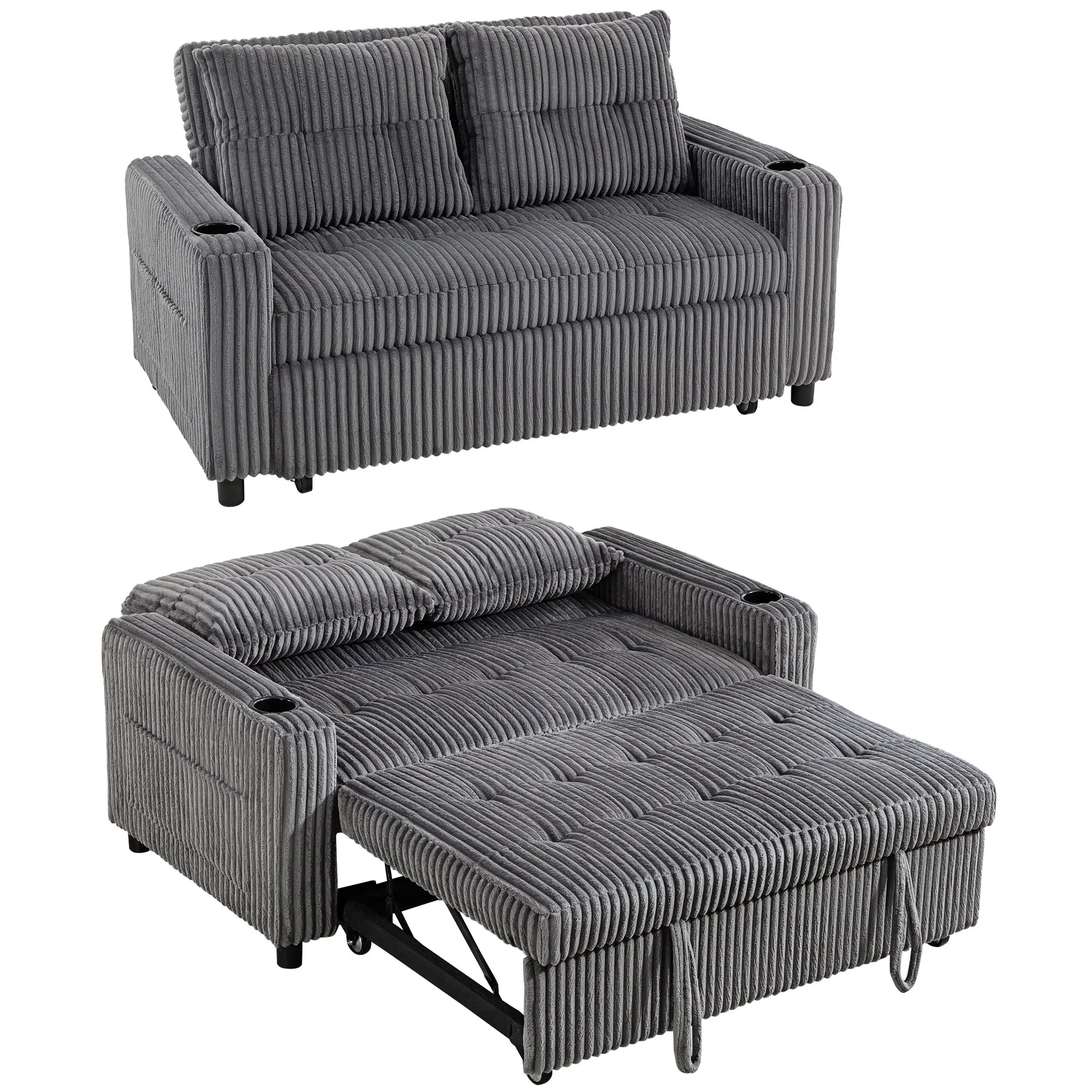 2 Seater Sofa Bed, Corduroy Click Clack Sleeper Sofa with Pull Out Design, Side Pockets, Convertible for Living Room, 157x190cm, Charcoal Grey