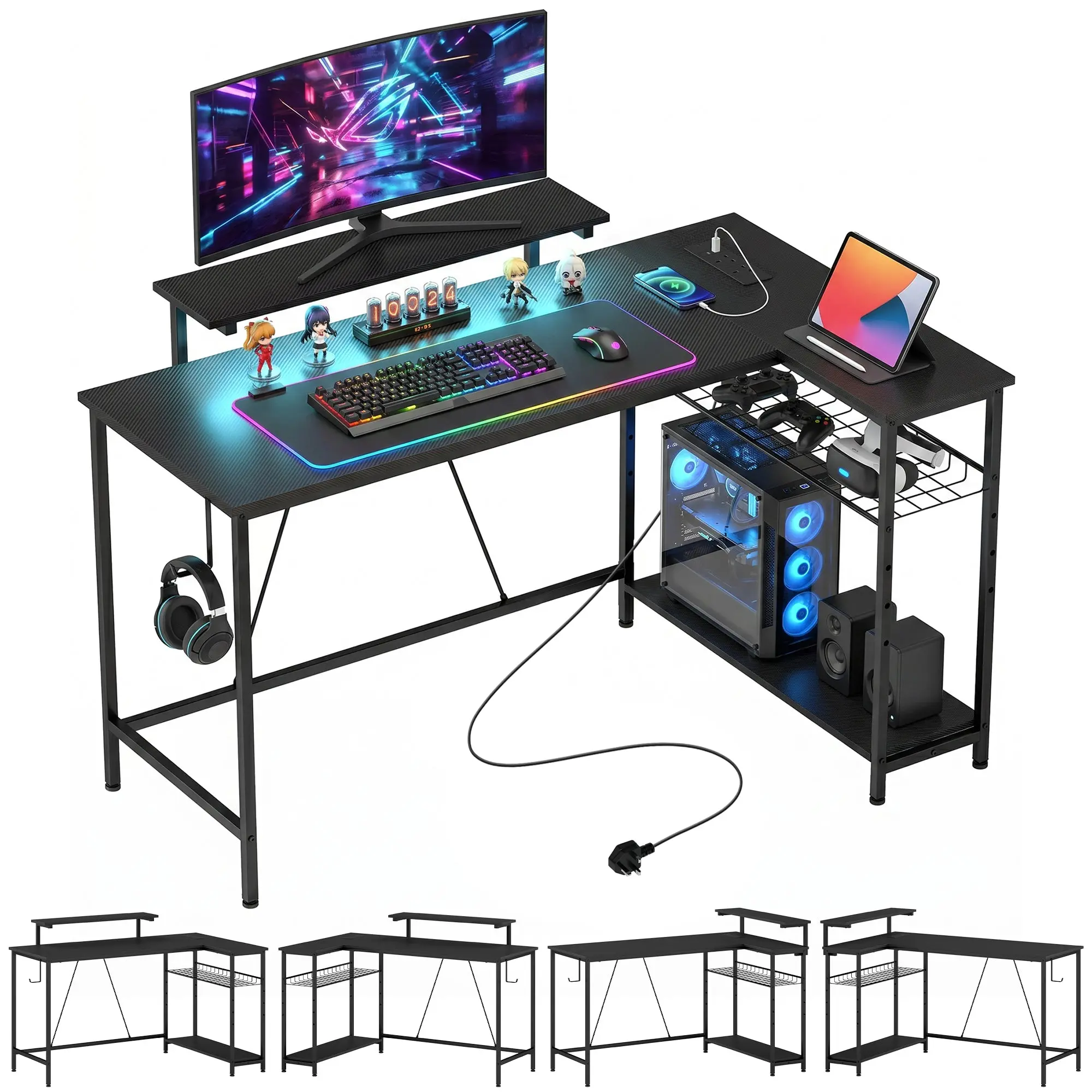 Reversible L-Shaped Gaming Desk with LED Lights, Power Outlet & USB, 132cm Black