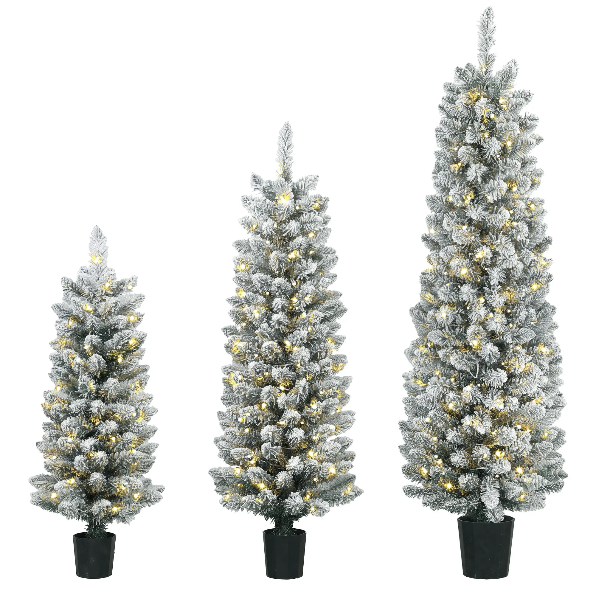 Prelit Slim Xmas Tree Set of 3 3FT 4FT 5FT, Snowy Flocked with Warm LEDs