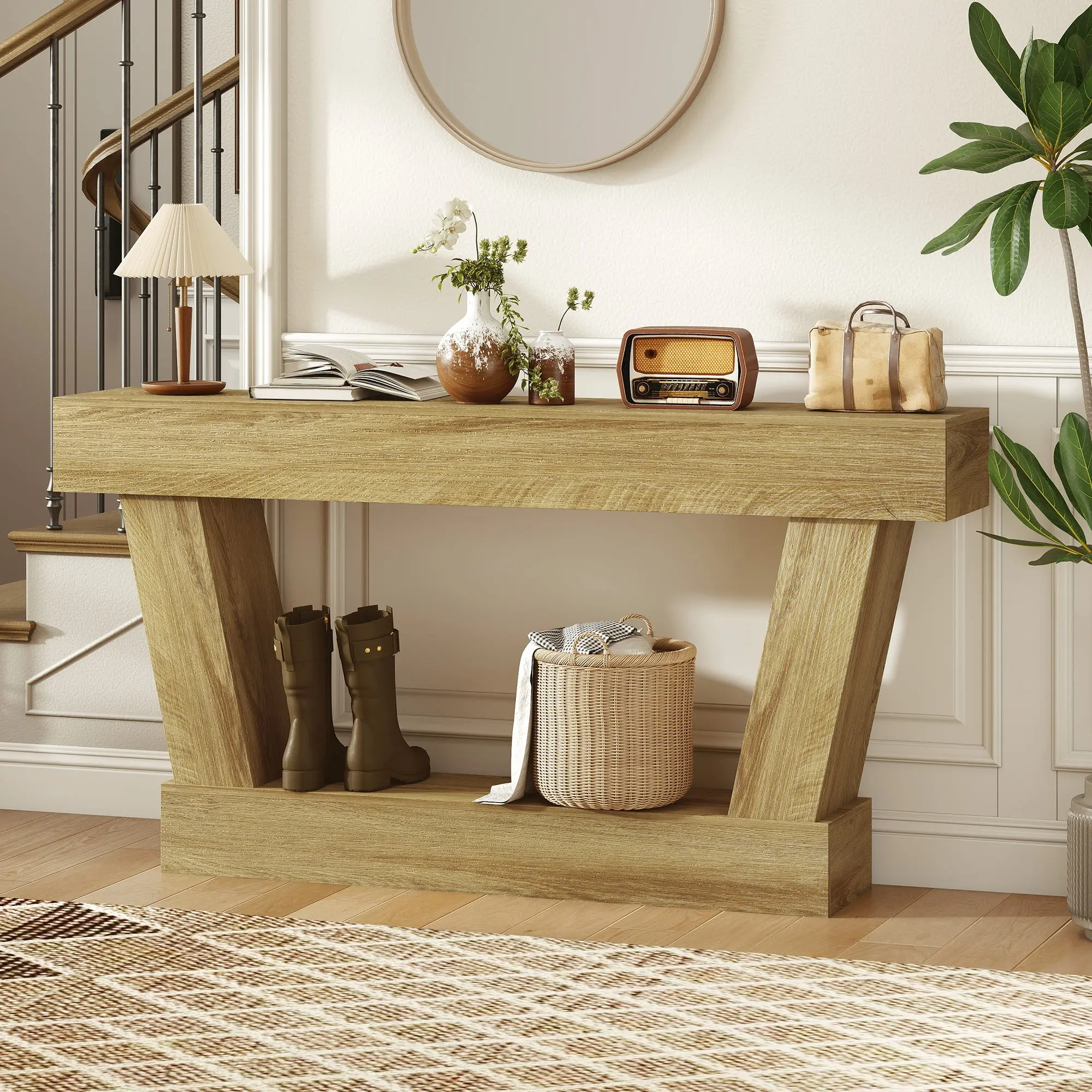63" Vintage Narrow Console Table with Open Shelf for Entryway & Behind Sofa, Oak