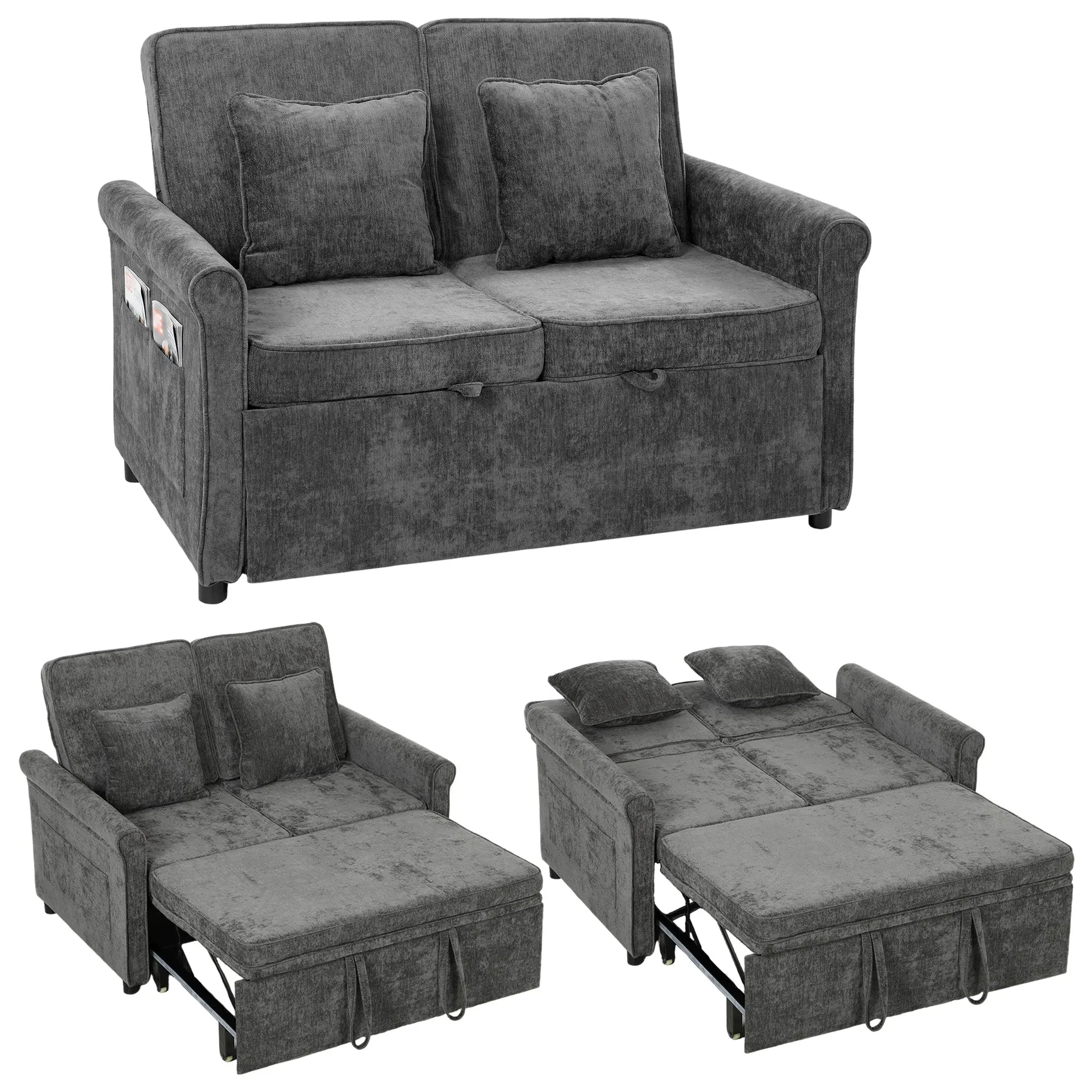 190 x 130 cm 3-in-1 Chenille 2-Seater Sofa Bed, 5-Position Backrest, Grey