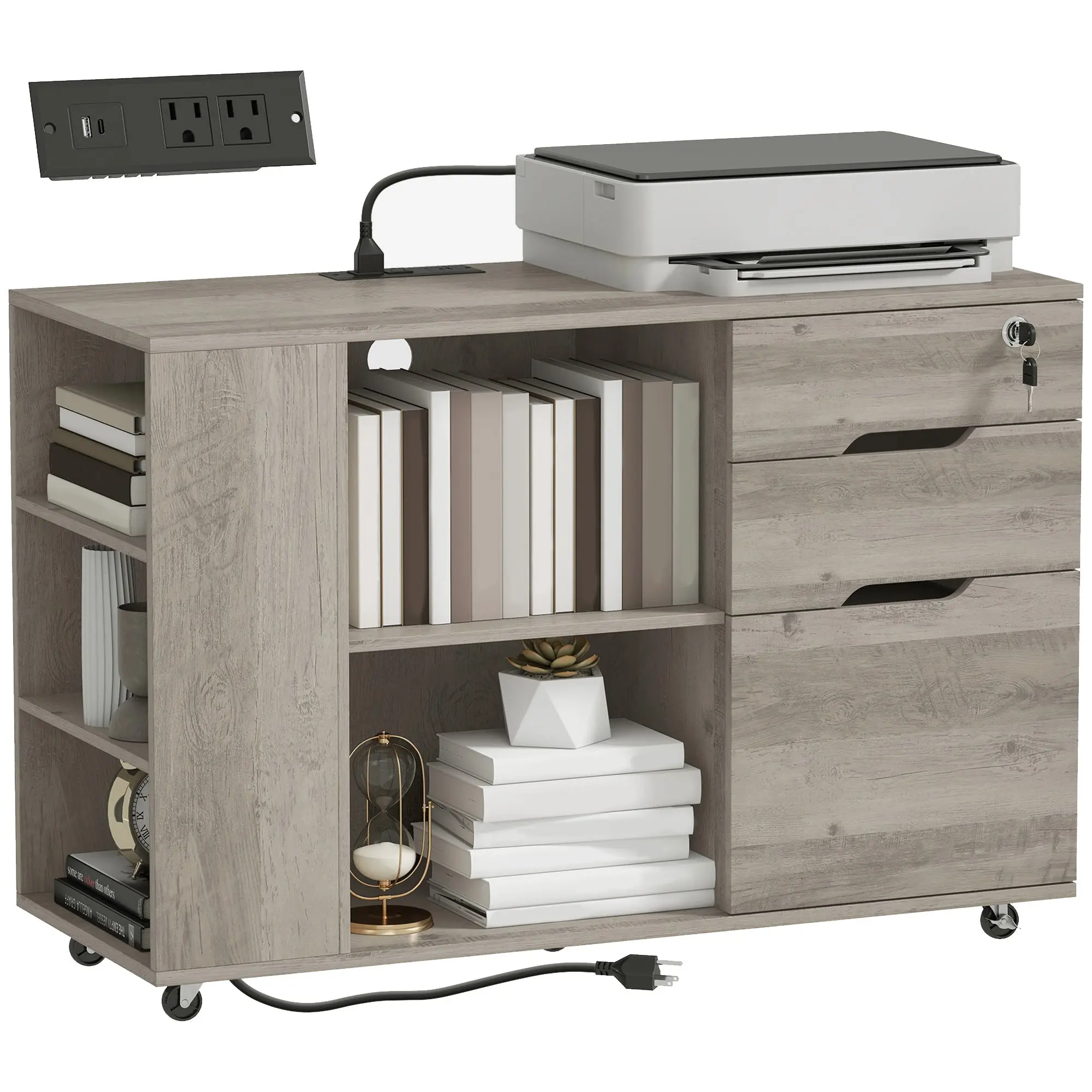 Lateral file cabinet with outlets, drawer for A4 & Letter, Light Grey Brown