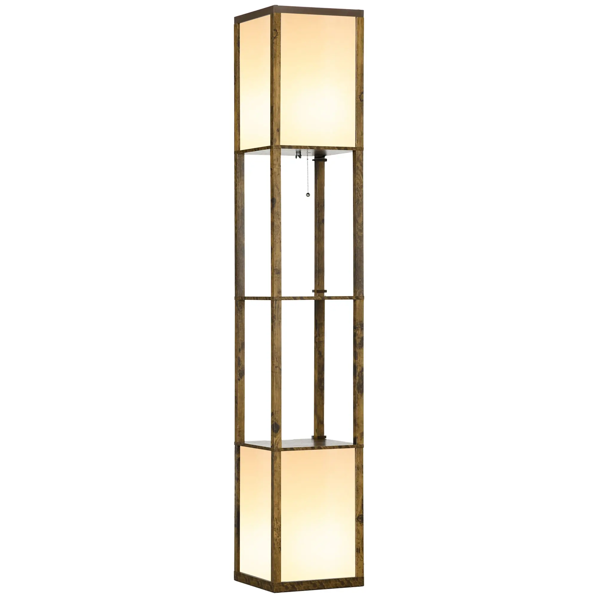 Modern Corner Standing Lamp with Shelves & Dual Lampshades, Bulb not Included, Rustic Brown