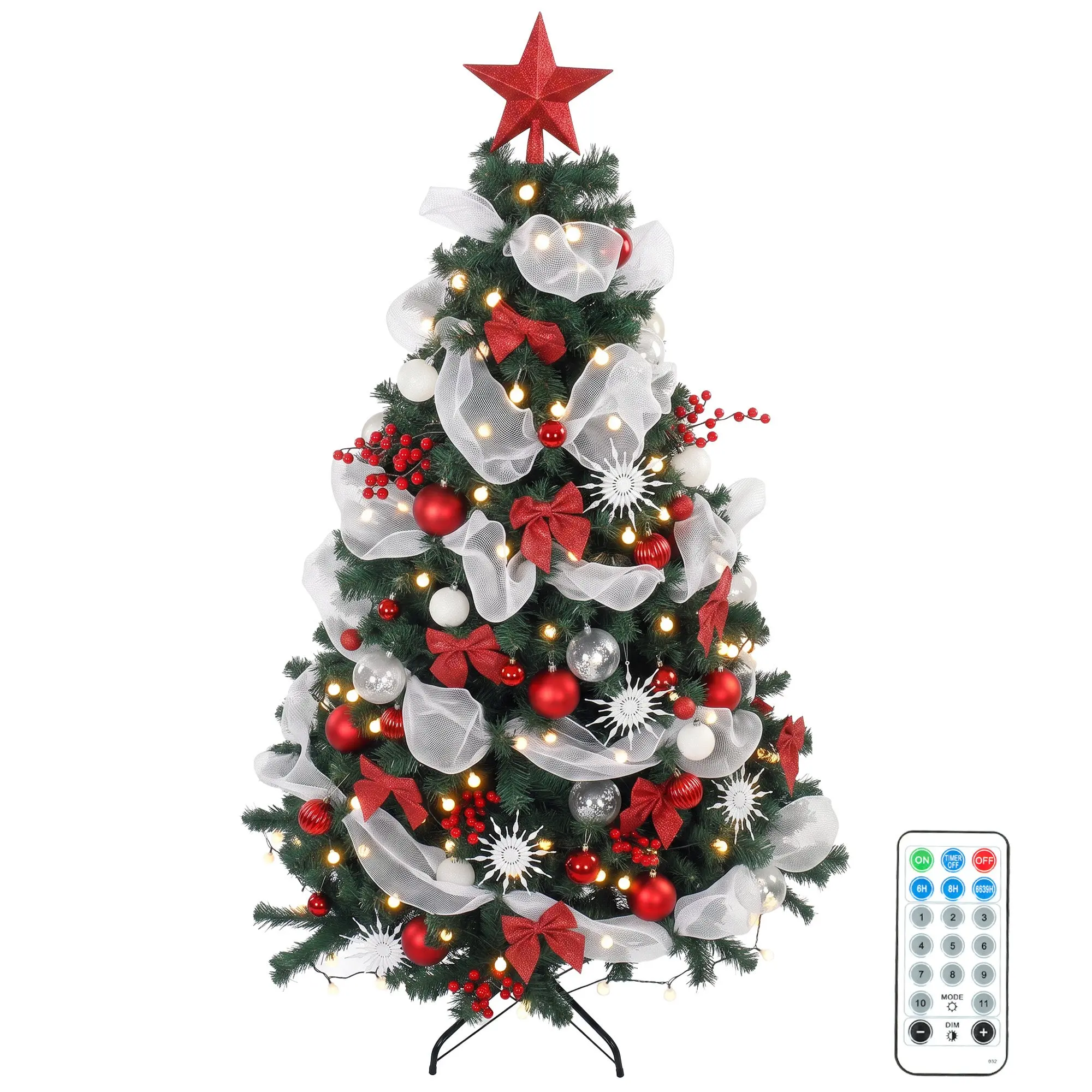 6ft Prelit Hinged Artificial Christmas Tree, Remote, 200 LEDs, Green & Red