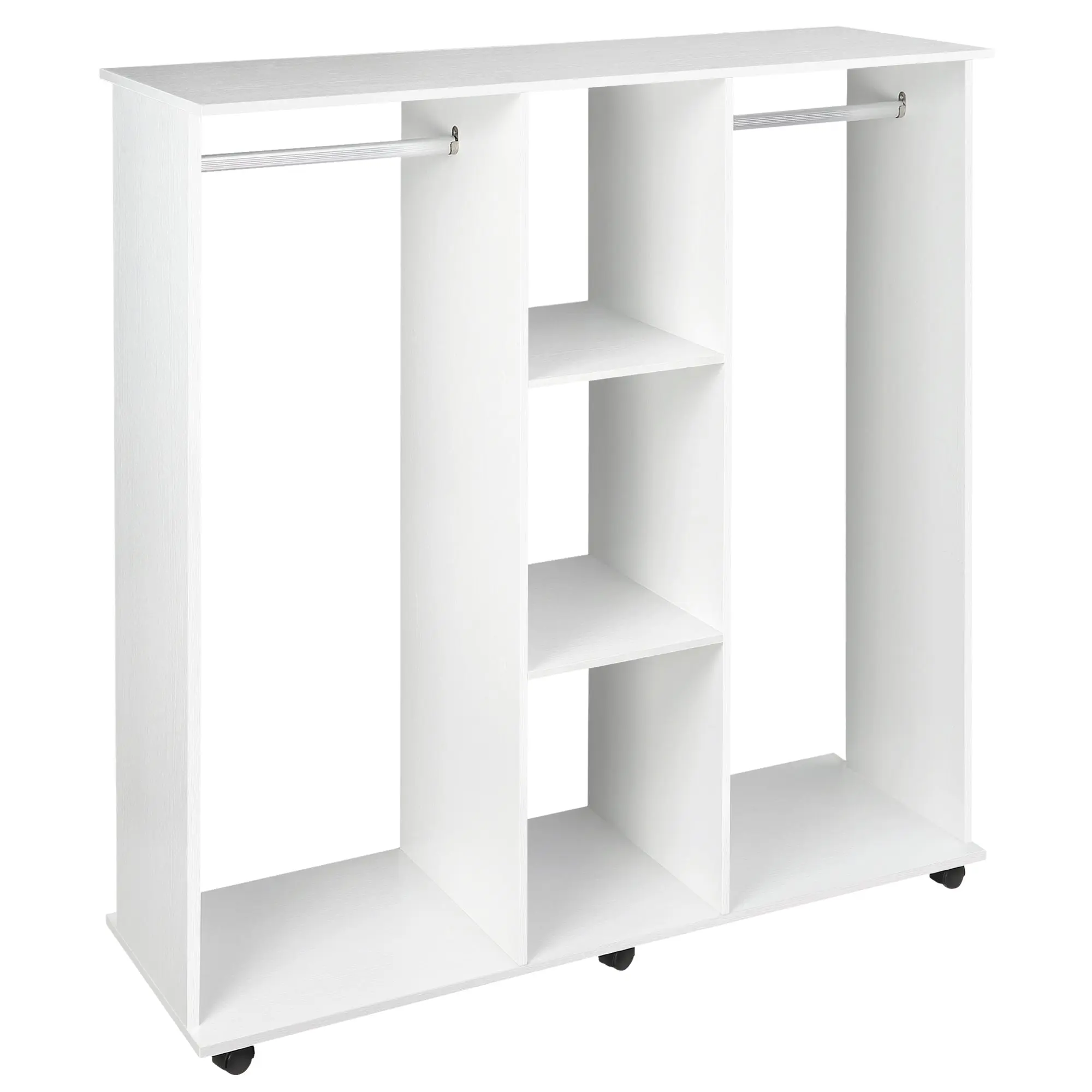 Double Open Wardrobe on Wheels with Clothes Rail, 3 Storage Shelves for Cloakroom, White