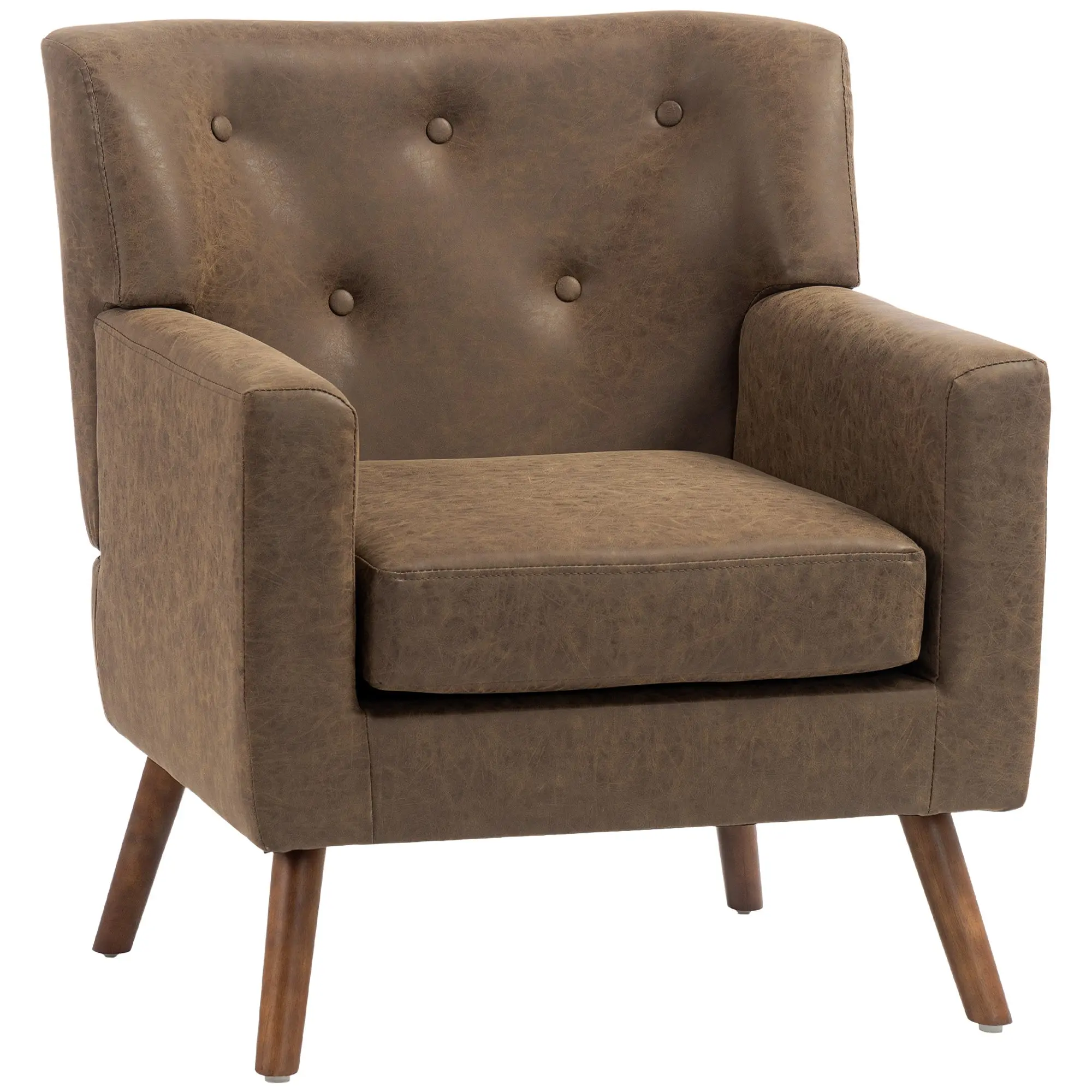 PU Leather Mid-Century Accent Chair with Tufted Back, Spring Cushion & Wood Legs