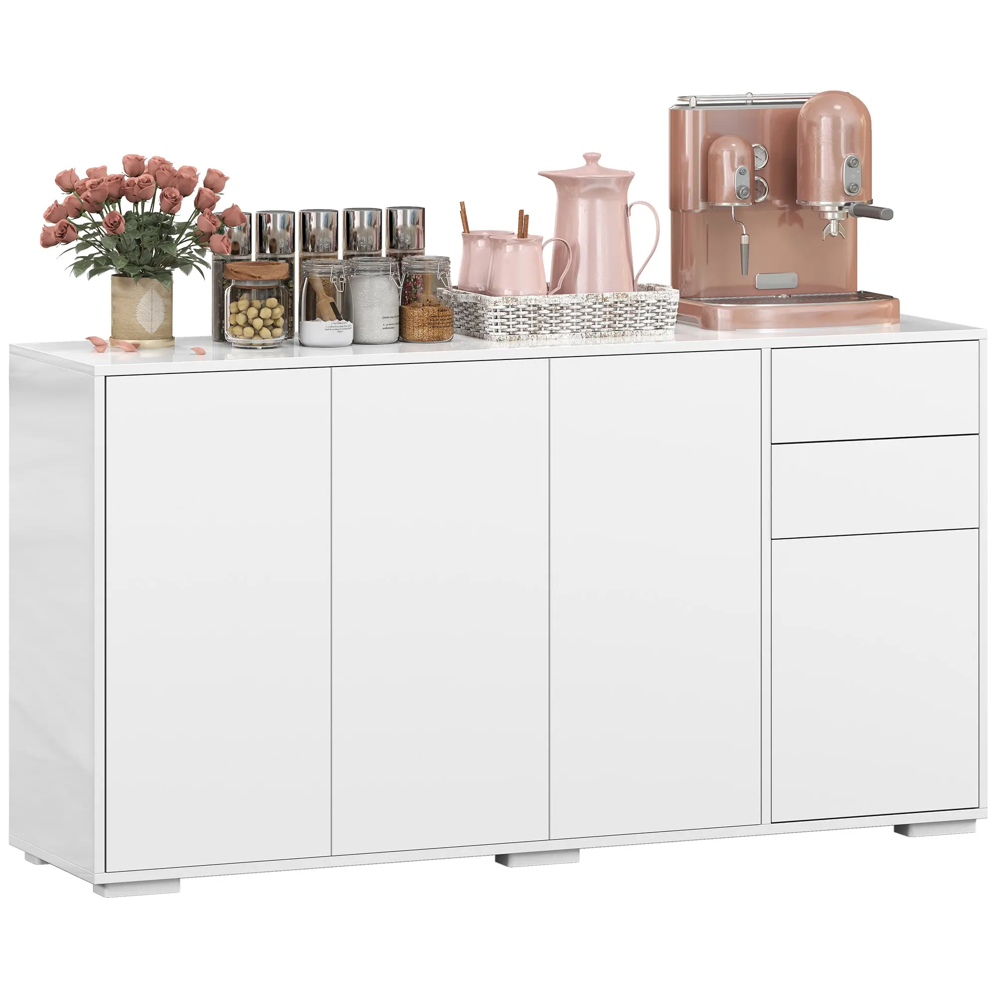 High Gloss Buffet Sideboard with 2 Drawers, 4 Doors and Adjustable Shelf, Kitchen Storage Cabinet with Push Open Design, White