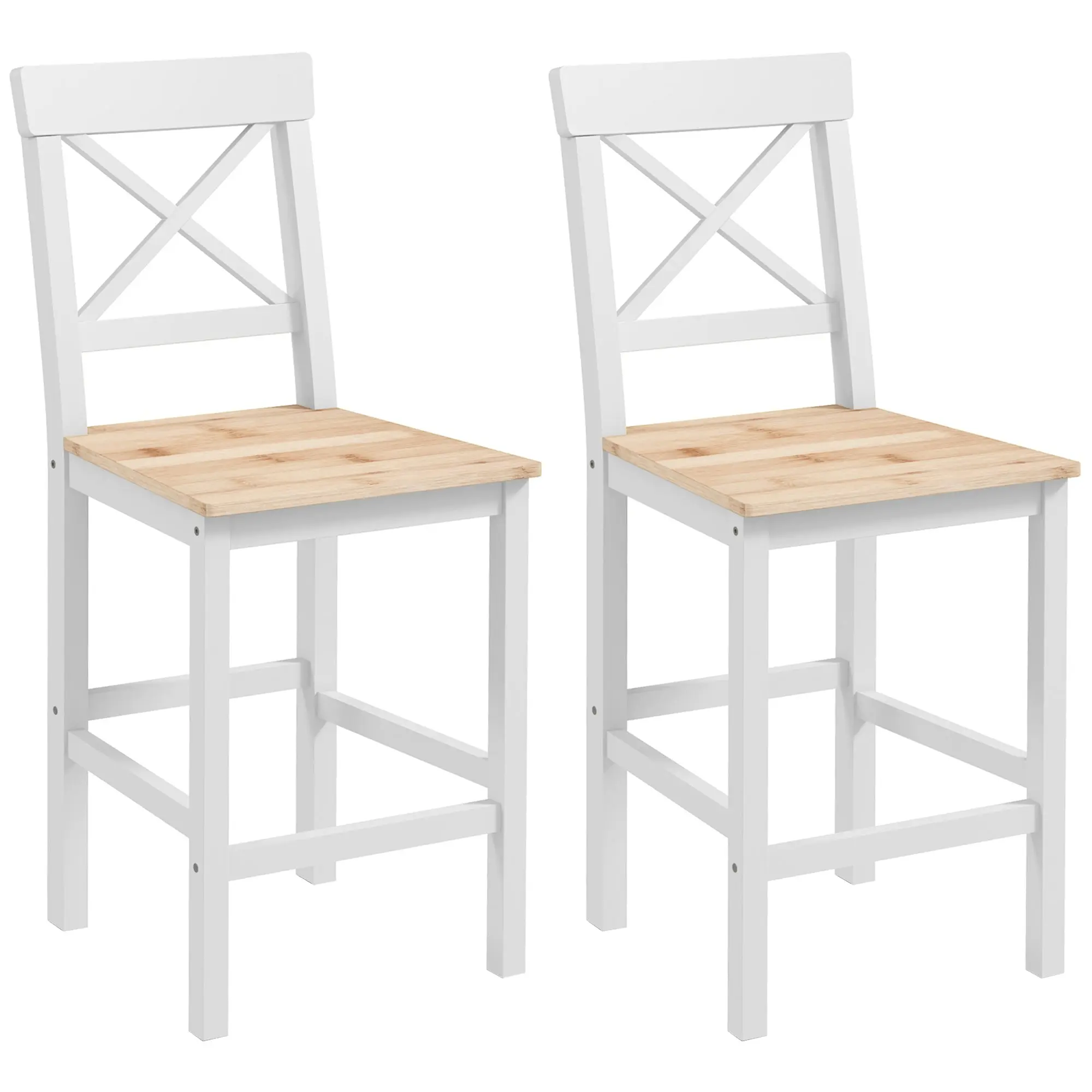 Set of 2 Farmhouse Bar Stools with Cross Back & Footrest, Natural