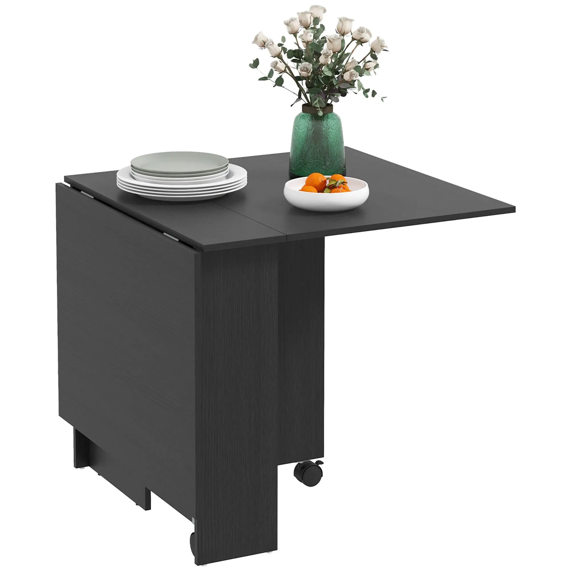 55" Folding Drop Leaf Table with Storage Shelves Space Saving Design, Black