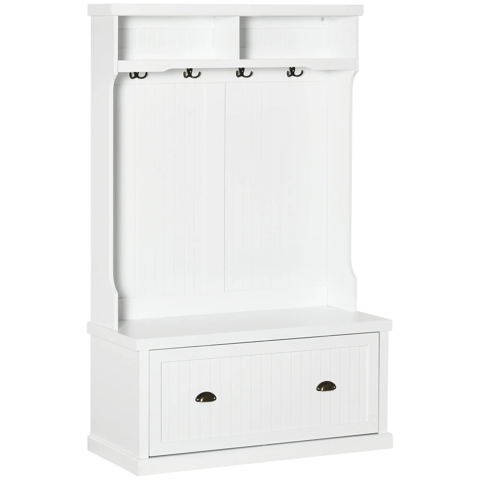 Hall Tree with Shoe Storage Bench, 3-in-1 Wardrobe with 4 Double Hooks & 2 Shelves, White