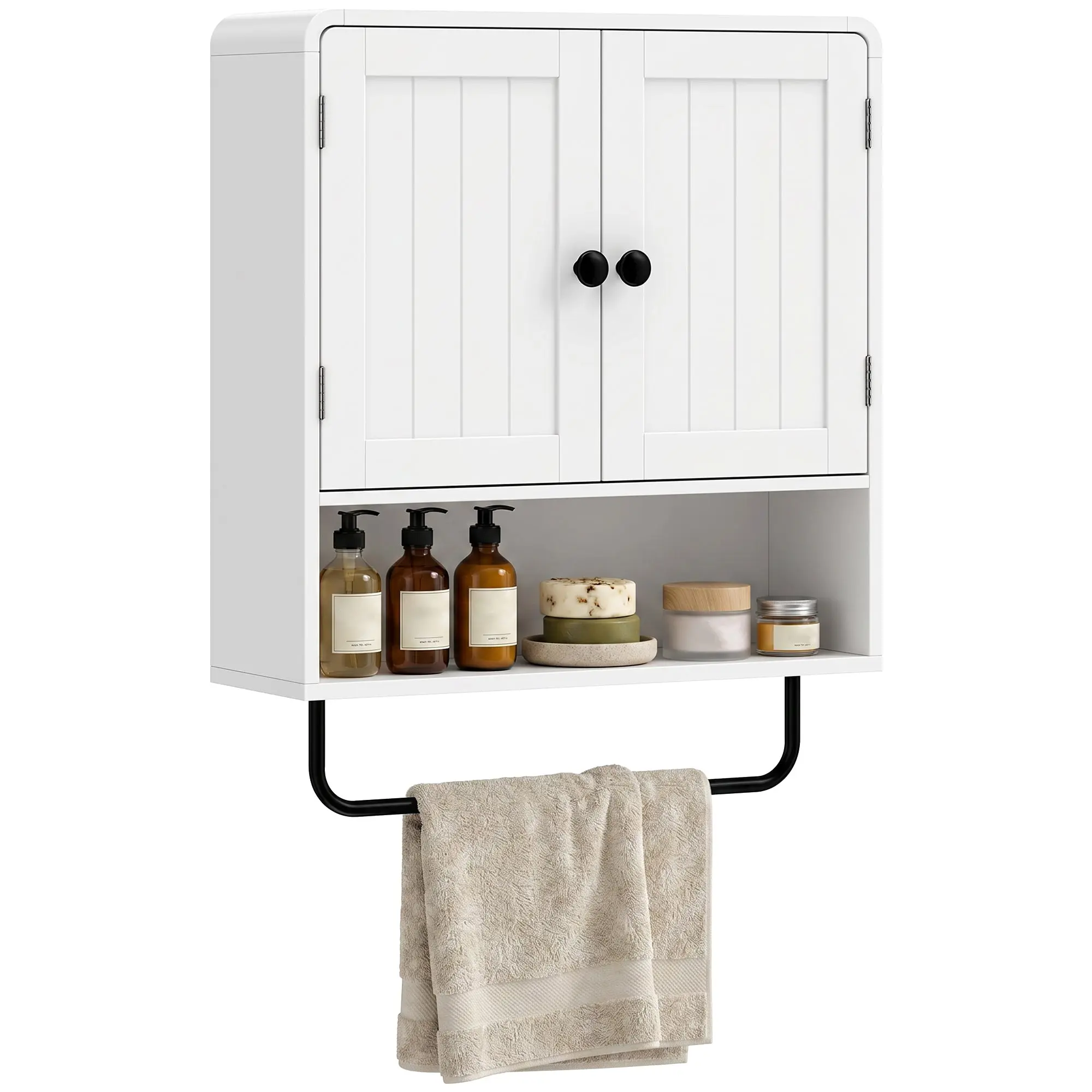Wall Mounted Bathroom Cabinet with 2 Doors, Adjustable Shelf & Towel Bar, White