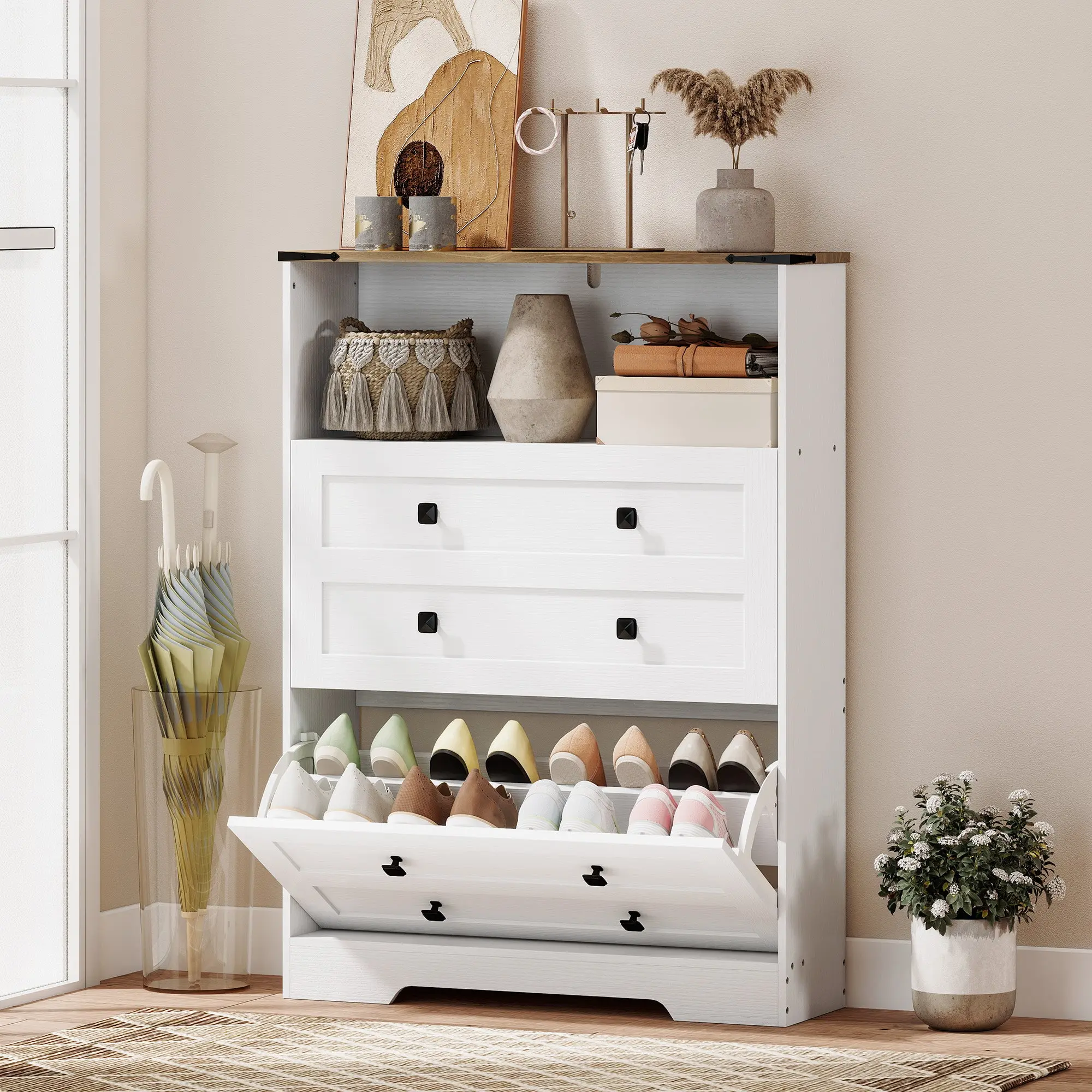 Narrow Shoe Cabinet with 2 Flip Drawers, Adjustable Shelves and Open Shelf White