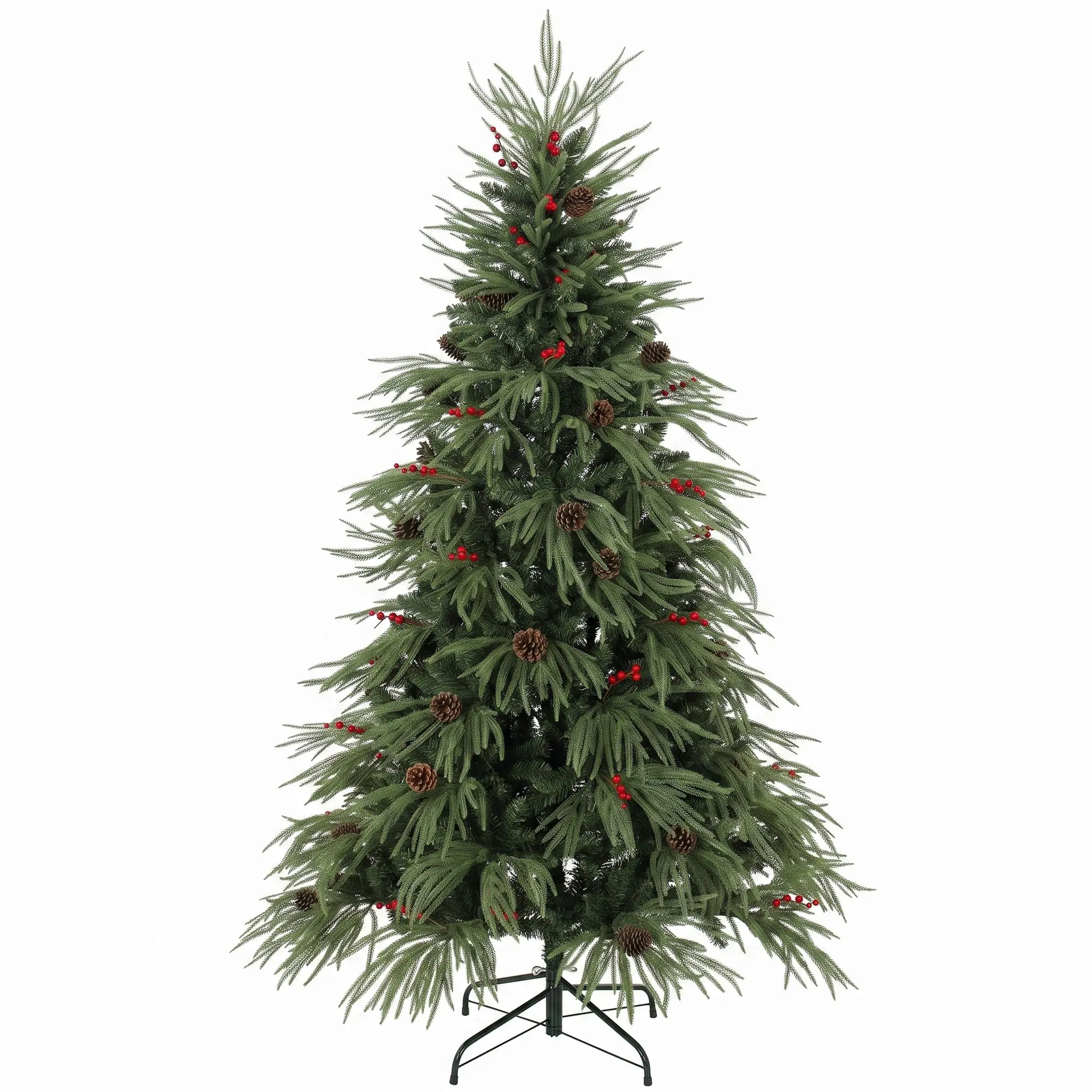 6ft Artificial Xmas Tree Predecorated with Pinecones & Red Berries, Hinged, Green