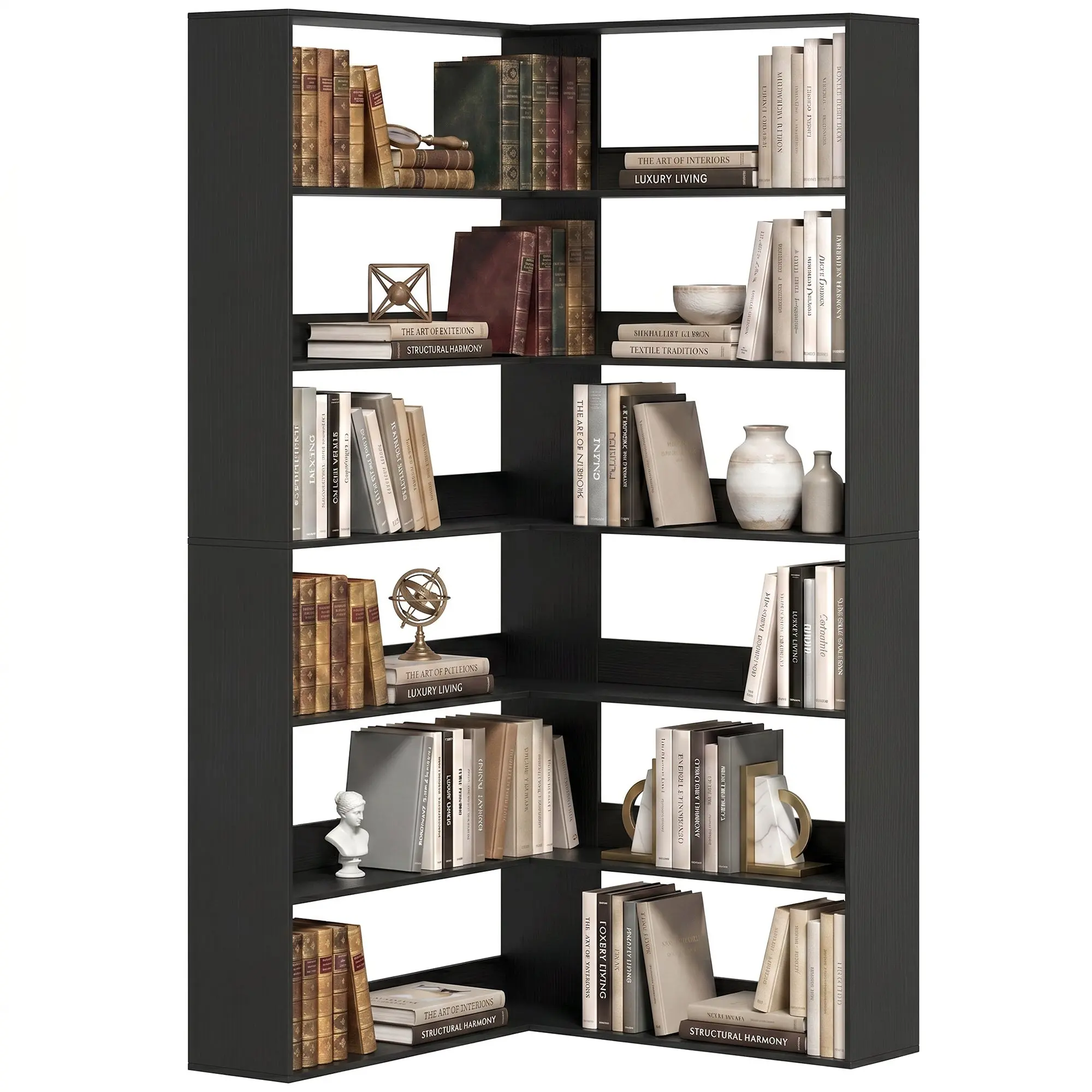7-Tier Corner Bookshelf with Anti-Slip Guard, 90 x 90 x 180 cm Black Wood